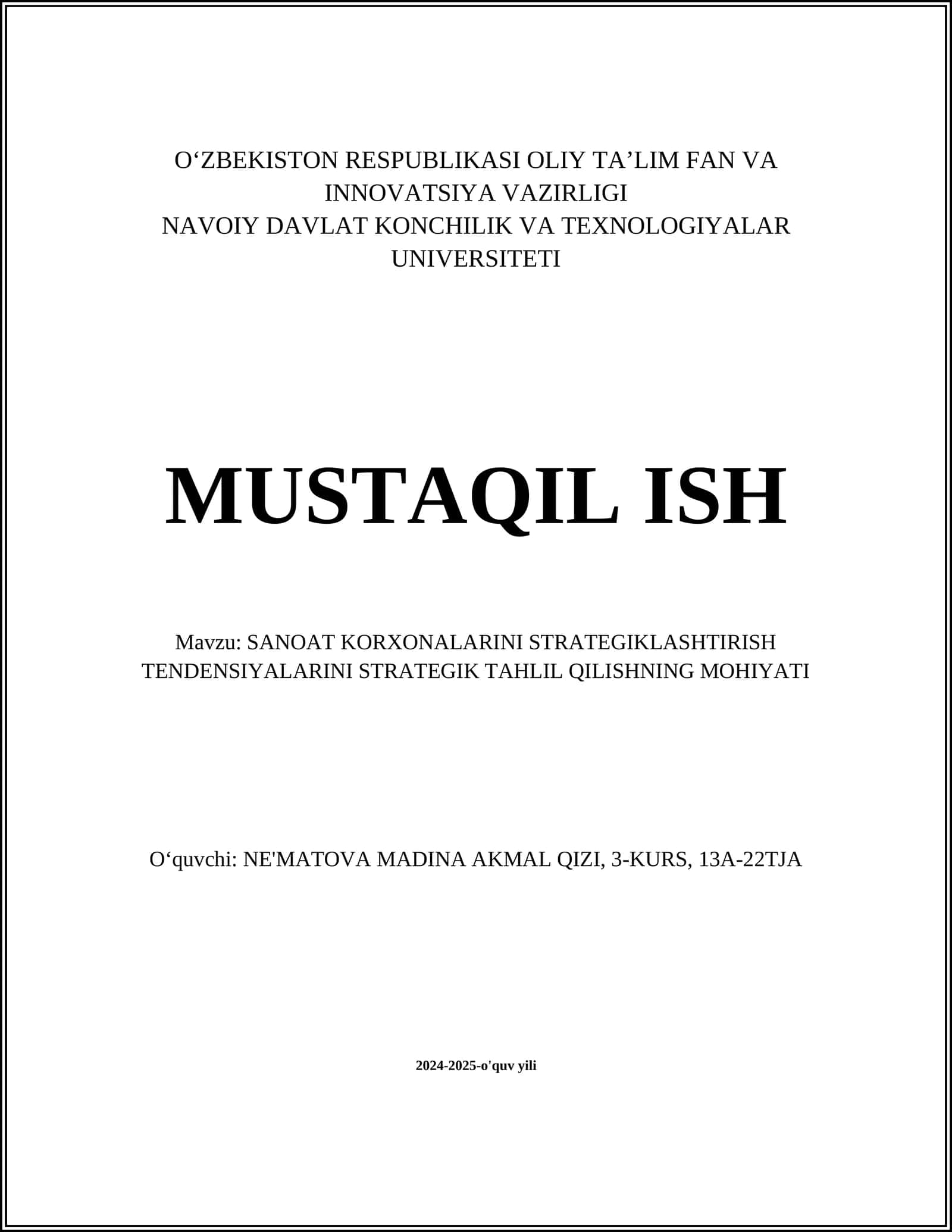 SANOAT KORXONALARINI STRATEGIKLASHTIRISH TENDENSIYALARINI STRATEGIK TAHLIL QILISHNING MOHIYATI
