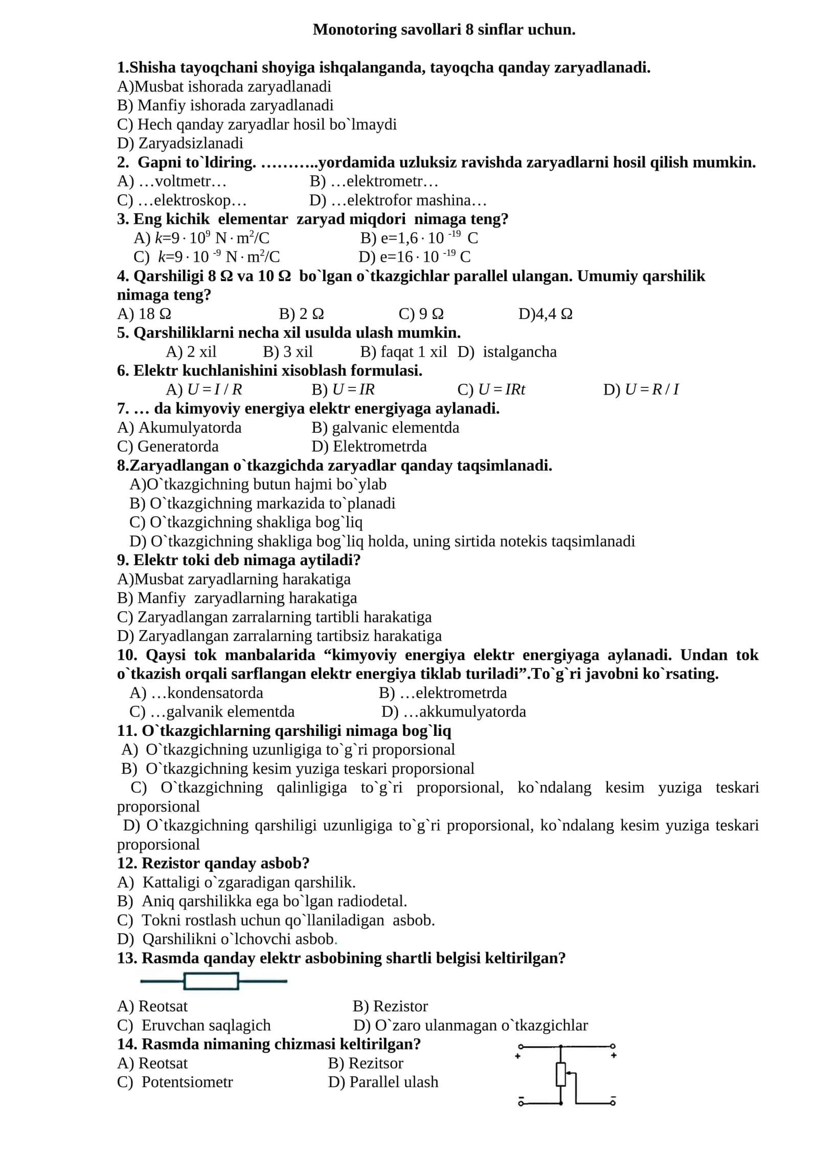 Monotoring savollari 8 sinflar uchun