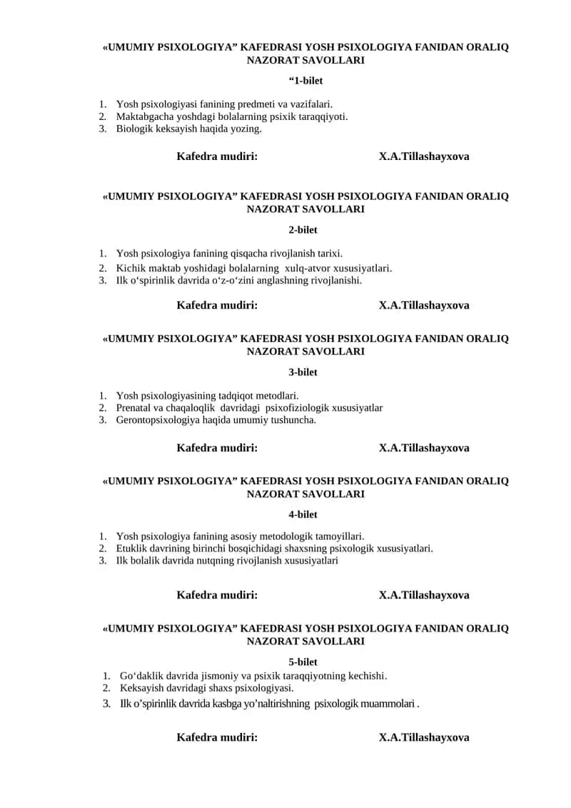 UMUMIY PSIXOLOGIYA” KAFEDRASI YOSH PSIXOLOGIYA FANIDAN ORALIQ NAZORAT SAVOLLARI