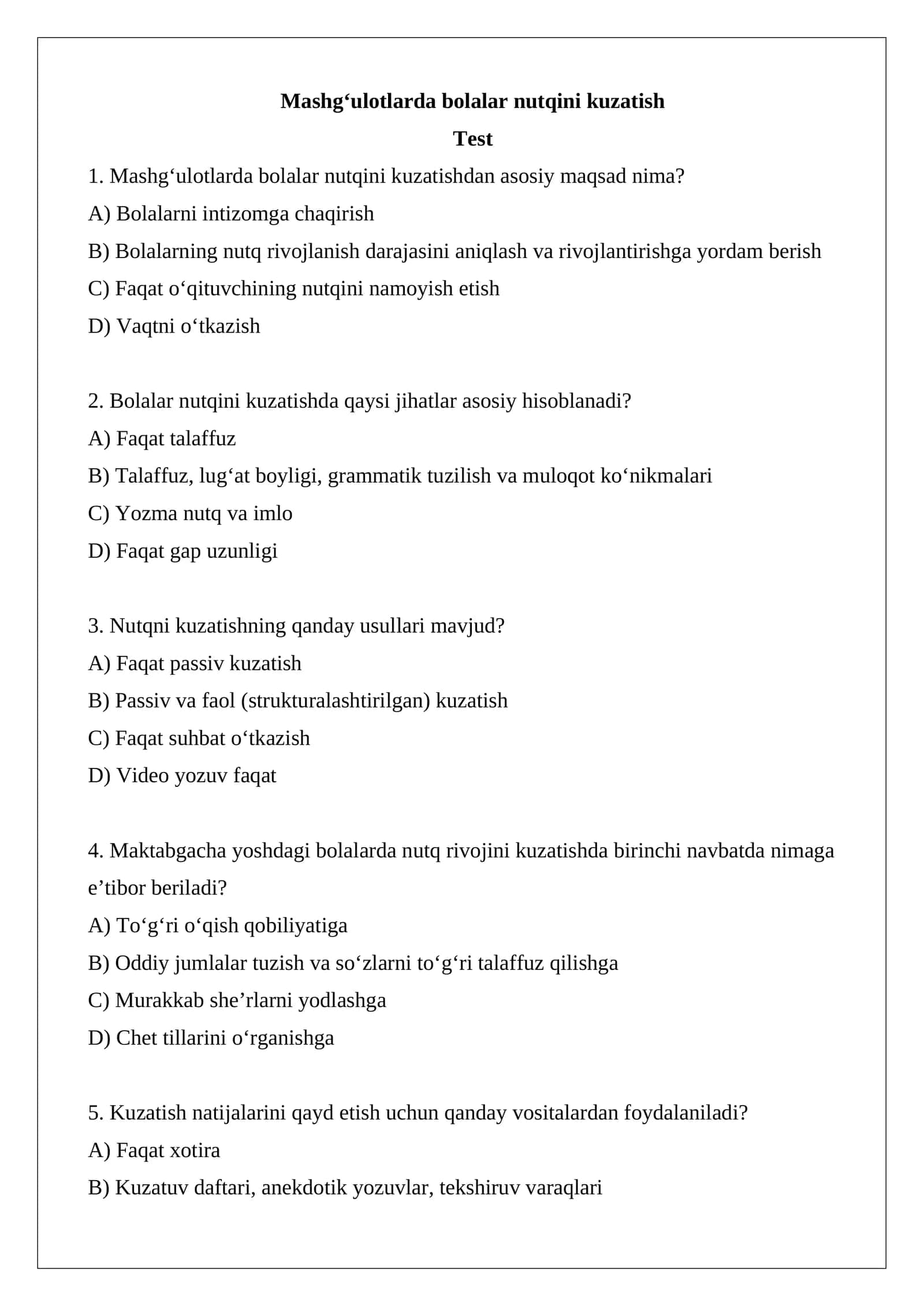 Mashg‘ulotlarda bolalar nutqini kuzatish