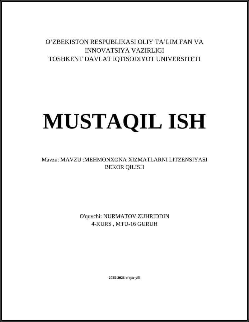Mehmonxona xizmatlarini litsenziyasi bekor qilish