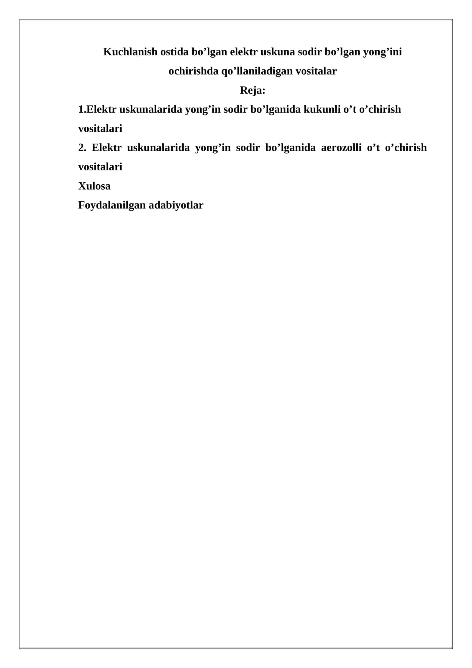 Kuchlanish ostida bo’lgan elektr uskuna sodir bo’lgan yong’ini ochirishda qo’llaniladigan vositalar