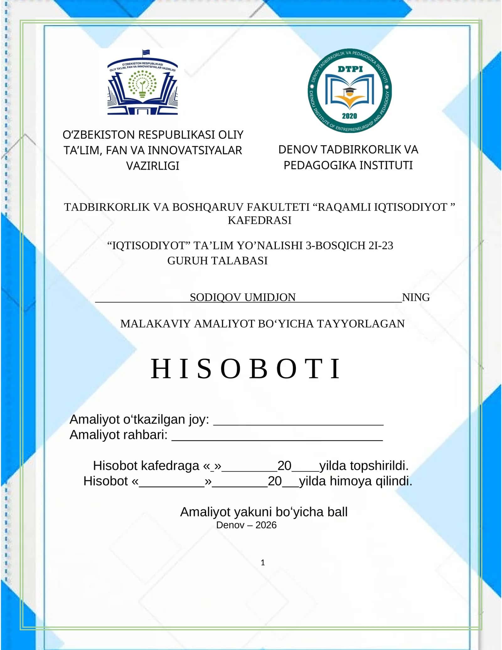 Xorazm viloyati hududiy boshqarmasining tashkiliy tuzilmasi AMALYOT HISOBOTI