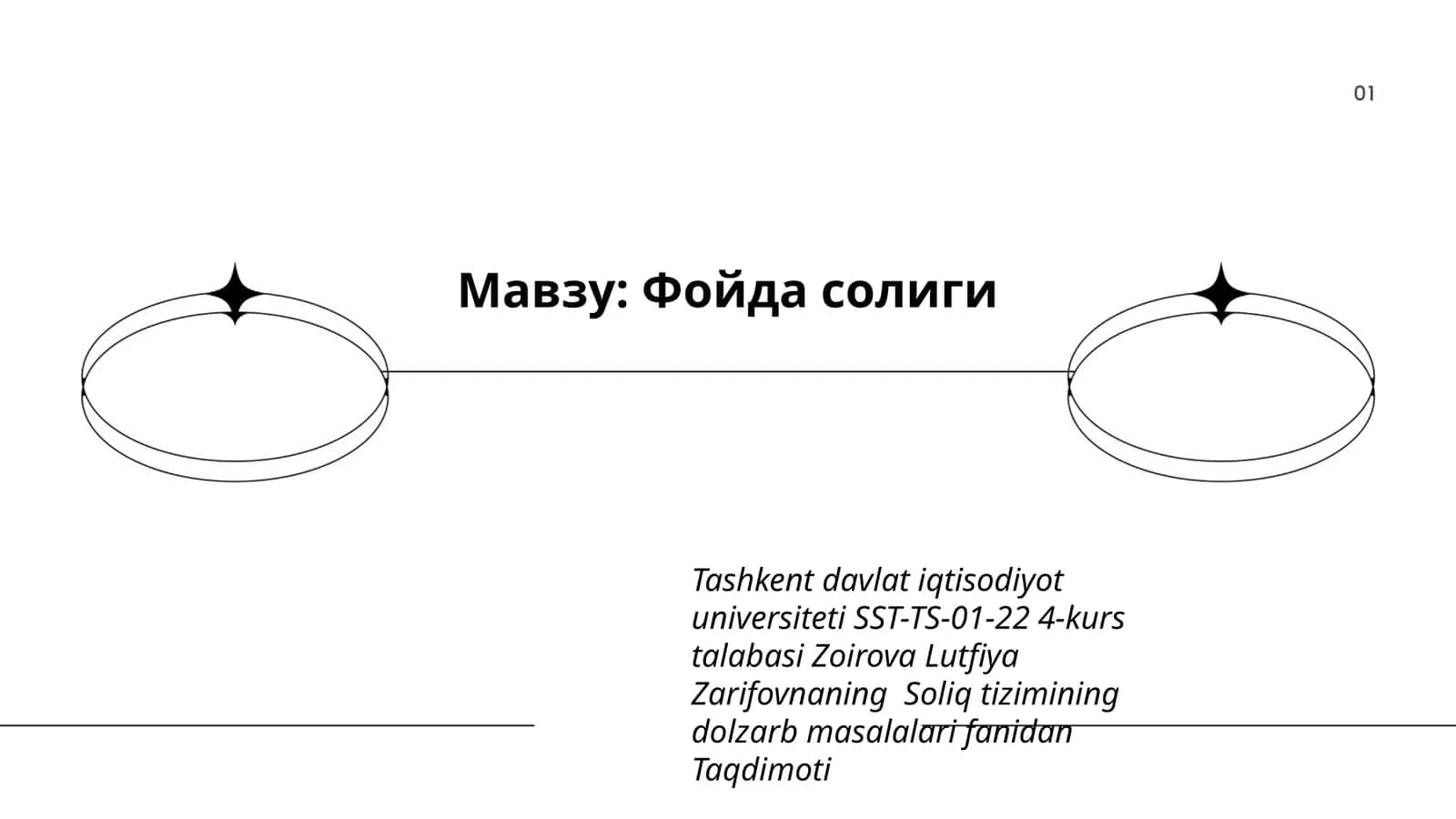 Tashkent davlat iqtisodiyot universiteti SST-TS-01-22 4-kurs talabasi Zoirova Lutfiya Zarifovnaning Soliq tizimining dolzarb masalalari fanidan Taqdimoti