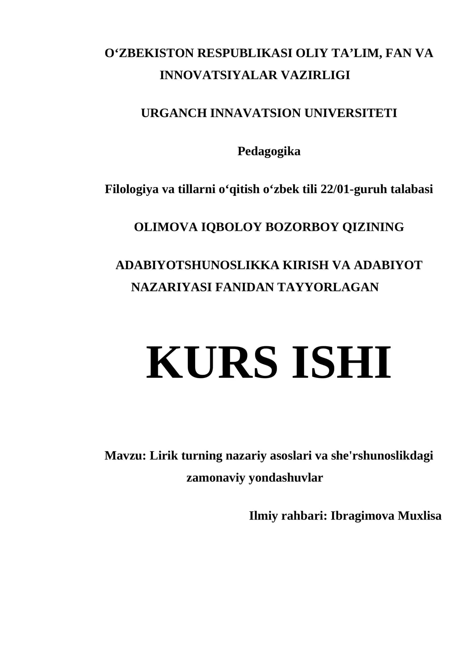 Lirik turning nazariy asoslari va she'rshunoslikdagi zamonaviy yondashuvlar