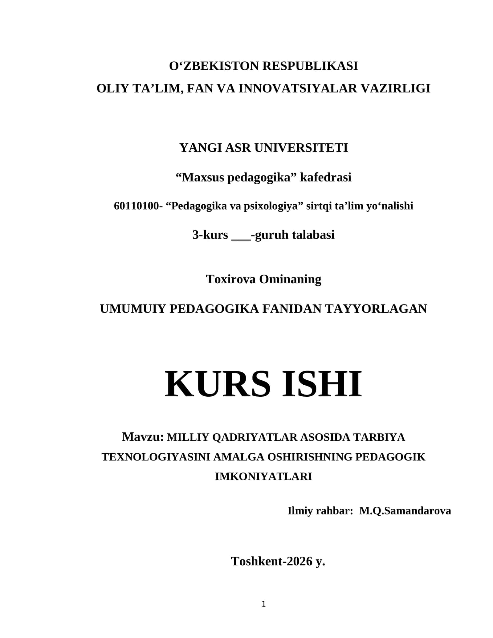 UMUMUIY PEDAGOGIKA FANIDAN TAYYORLAGAN KURS ISHI