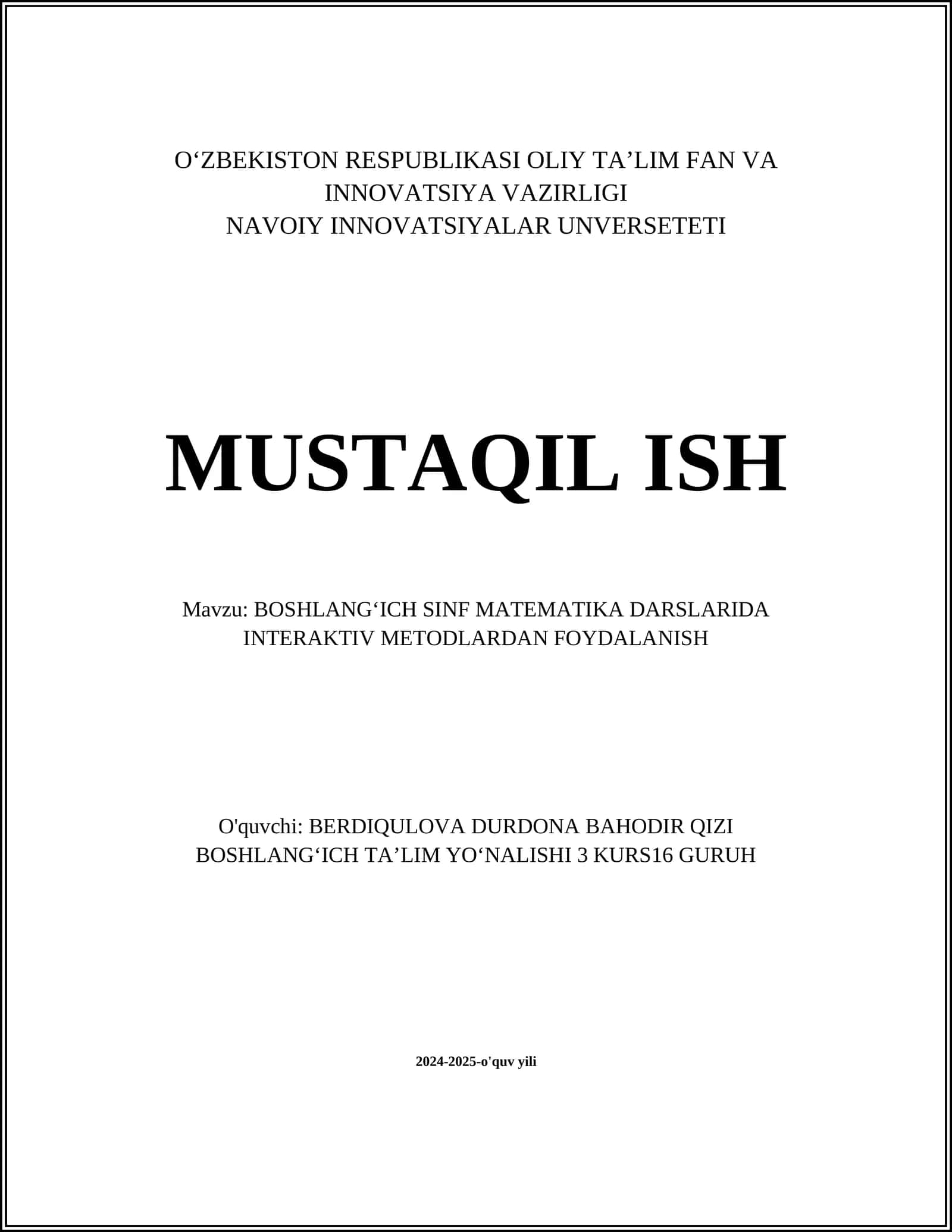 BOSHLANGʻICH SINF MATEMATIKA DARSLARIDA INTERAKTIV METODLARDAN FOYDALANISH