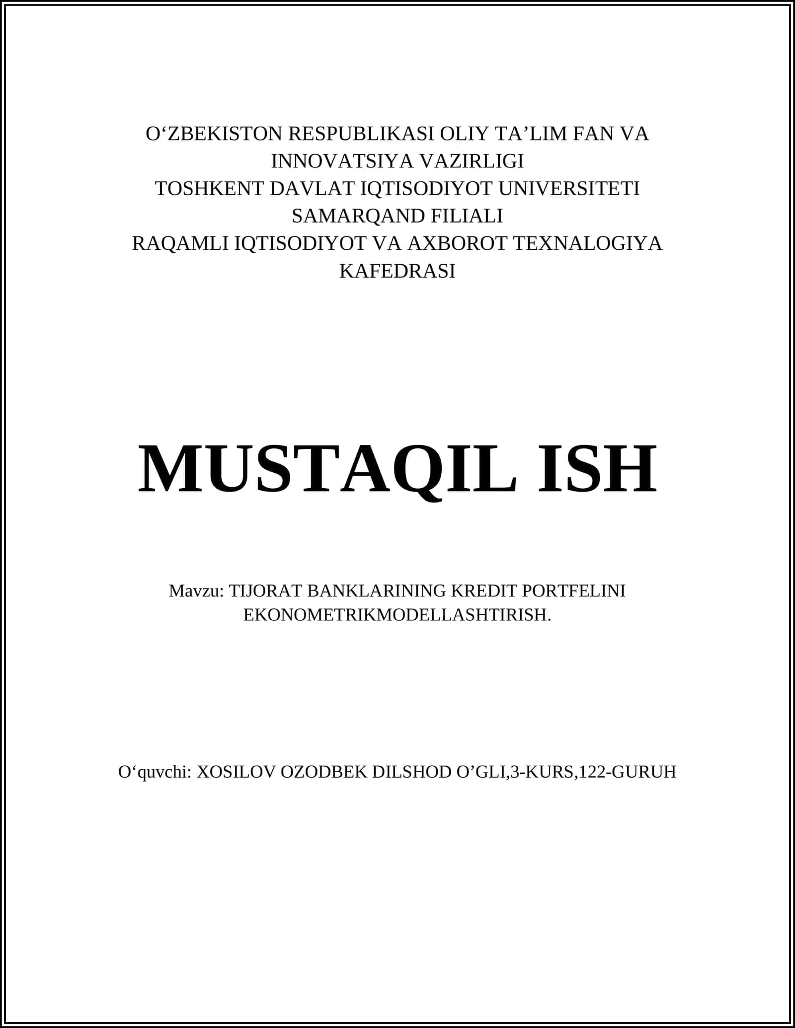 TIJORAT BANKLARINING KREDIT PORTFELINI EKONOMETRIK MODELLASHTIRISH