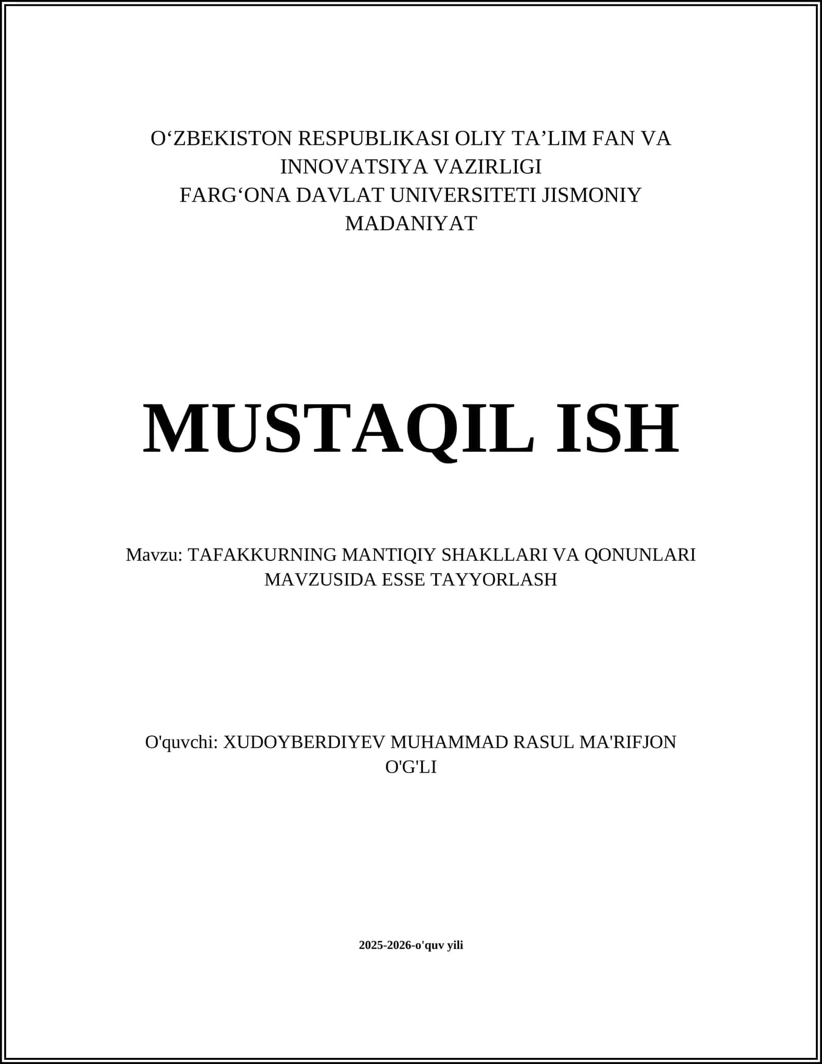 TAFAKKURNING MANTIQIY SHAKLLARI VA QONUNLARI MAVZUSIDA ESSE TAYYORLASH
