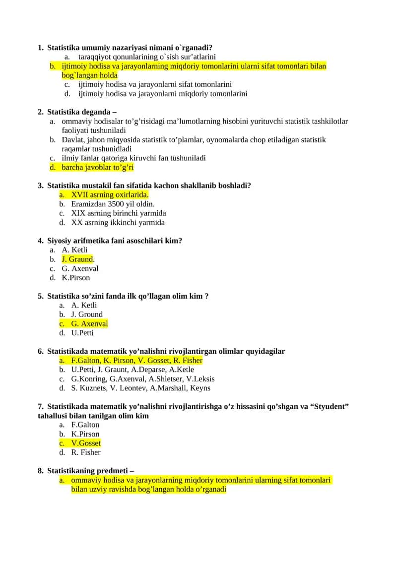 Statistika fanidan yakuniy test savollari javoblari bilan
