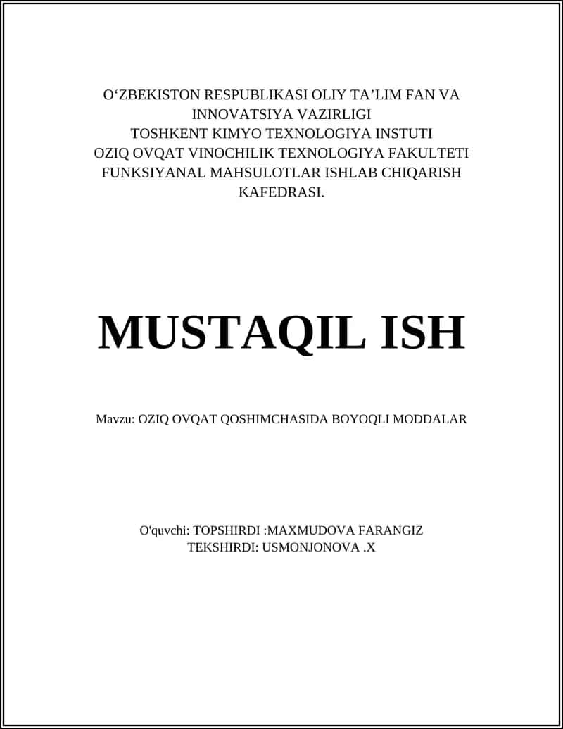 OZIQ OVQAT QOSHIMCHASIDA BOYOQLI MODDALAR