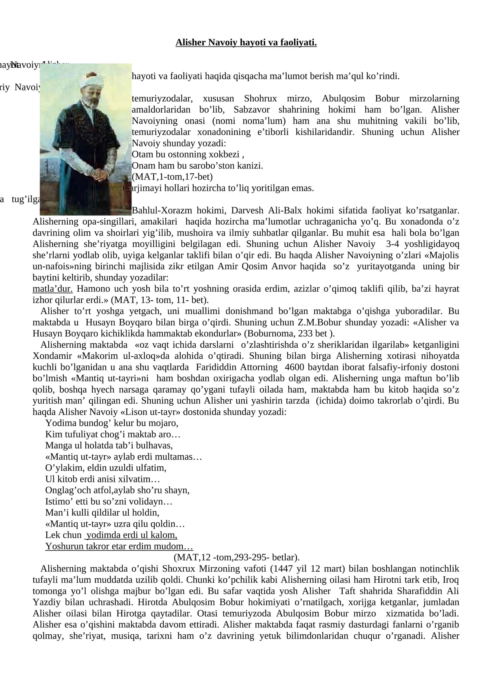 Alisher Navoiy hayoti va faoliyati