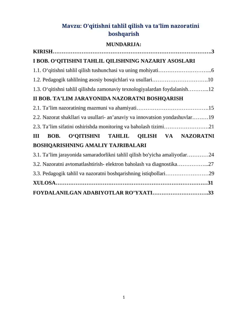 O'qitishni tahlil qilish va ta'lim nazoratini boshqarish