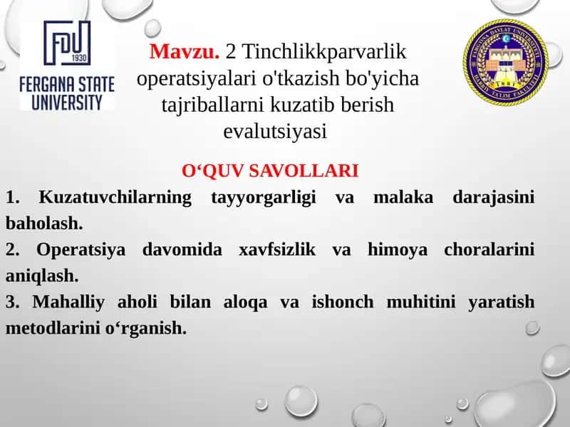 Tinchlikkparvarlik operatsiyalari o'tkazish bo'yicha tajriballarni kuzatib berish evalutsiyasi