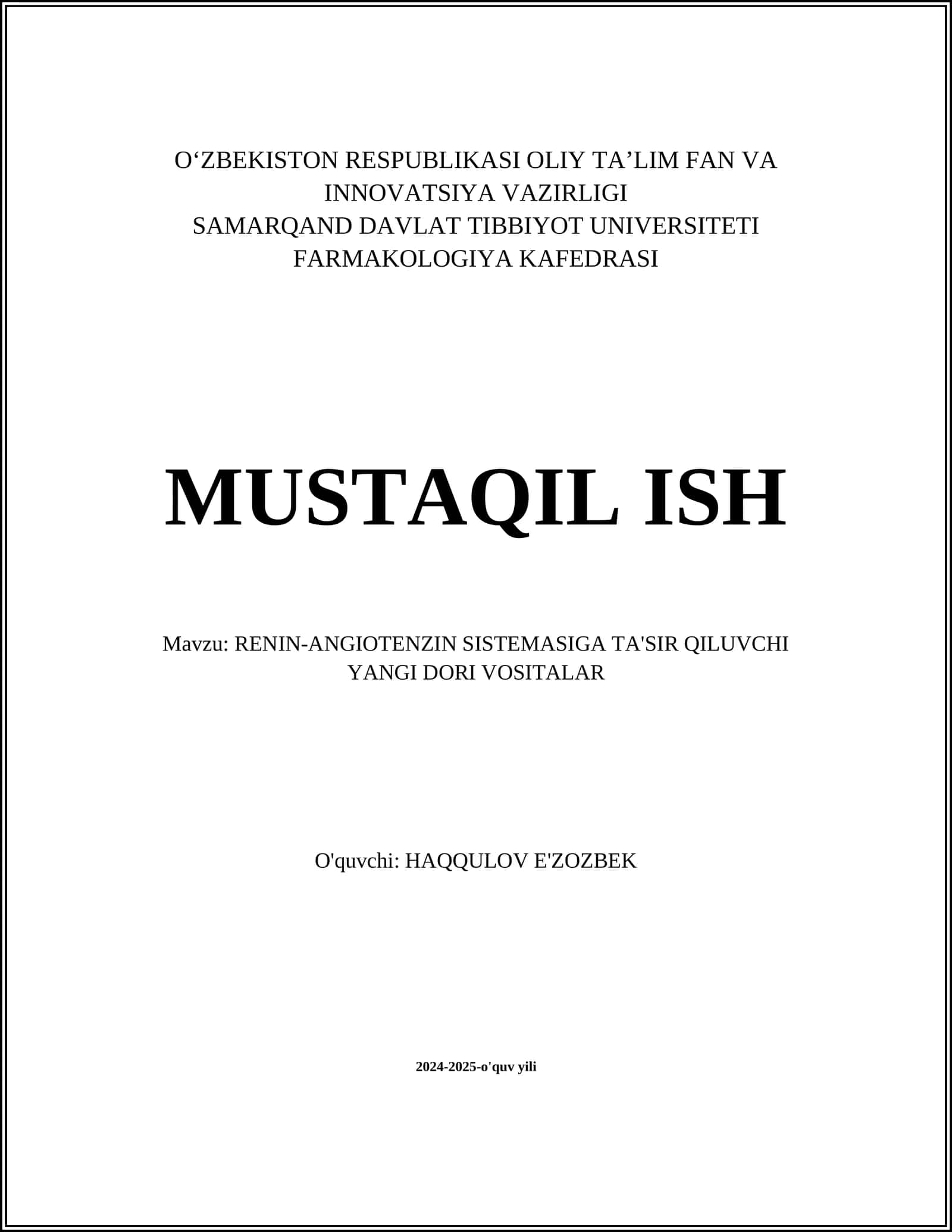 RENIN-ANGIOTENZIN SISTEMASIGA TA'SIR QILUVCHI YANGI DORI VOSITALAR