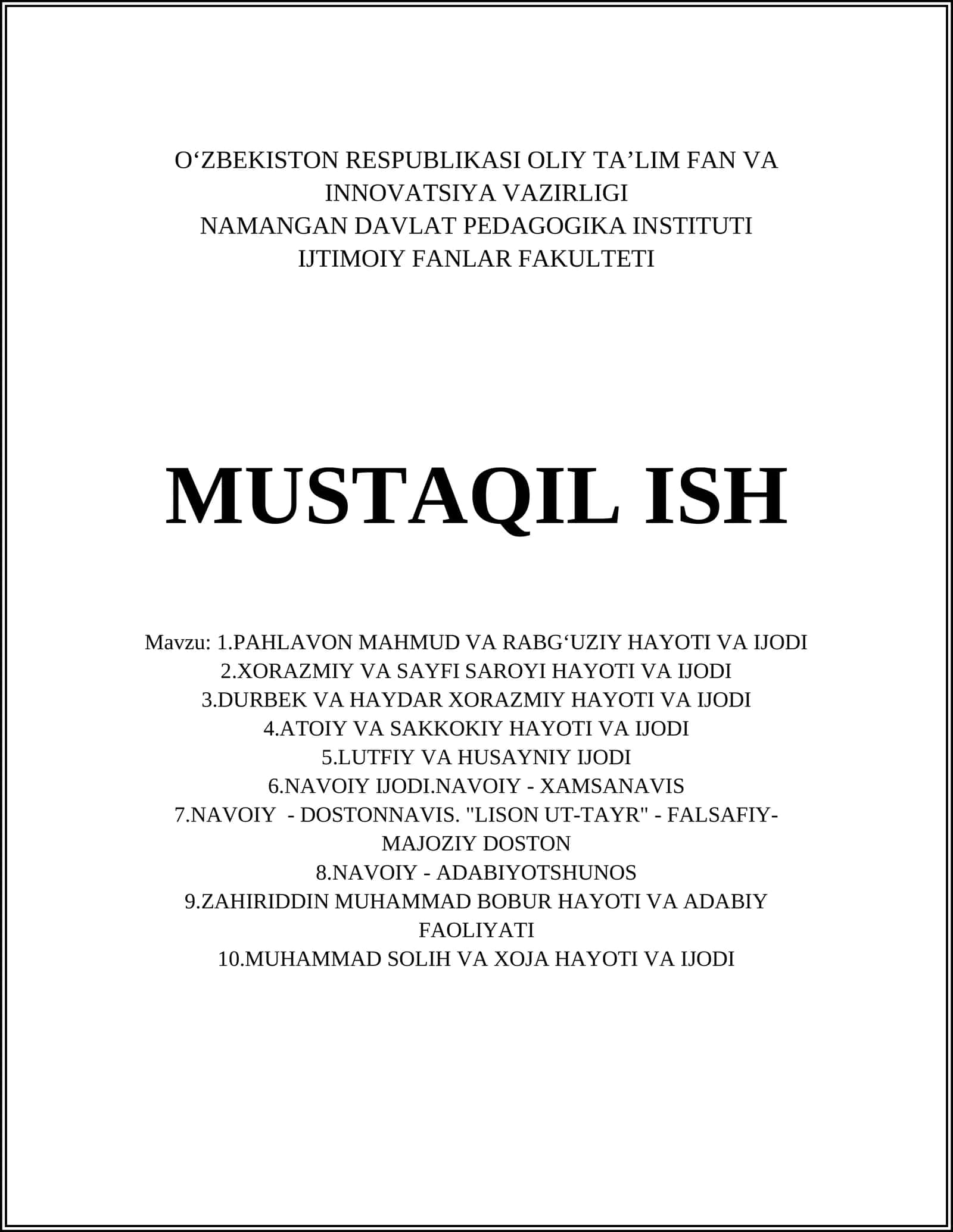NAVOIY - DOSTONNAVIS. "LISON UT-TAYR" - FALSAFIY-MAJOZIY DOSTON