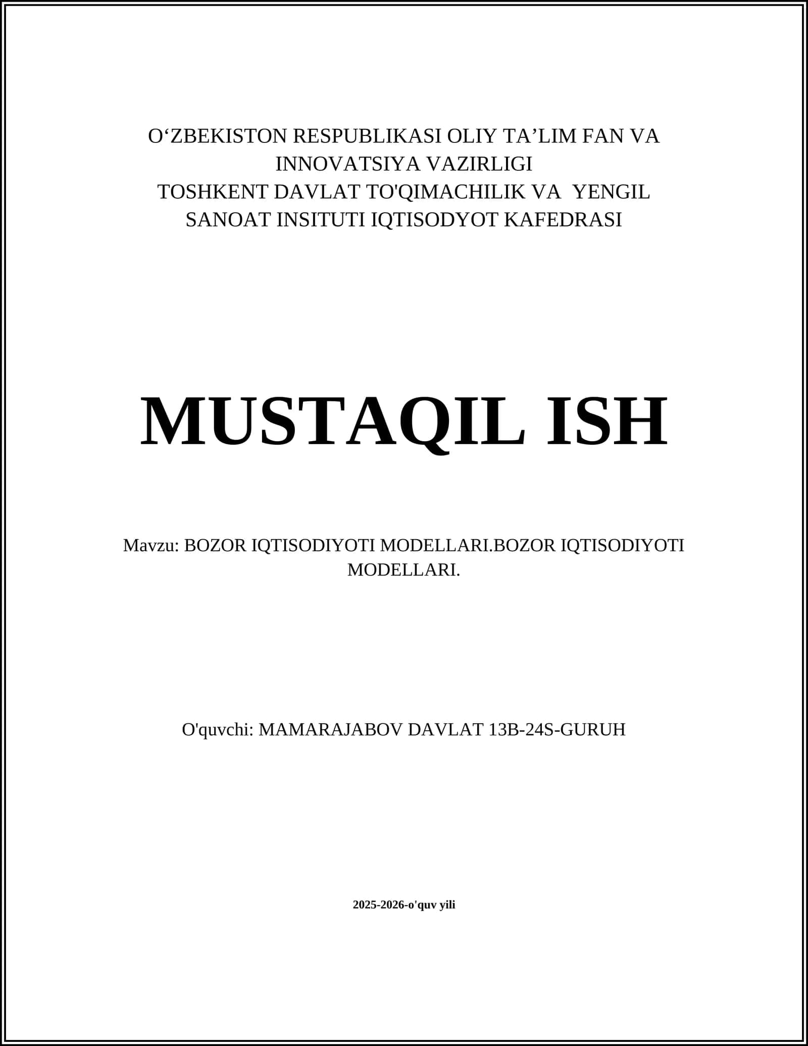 BOZOR IQTISODIYOTI MODELLARI