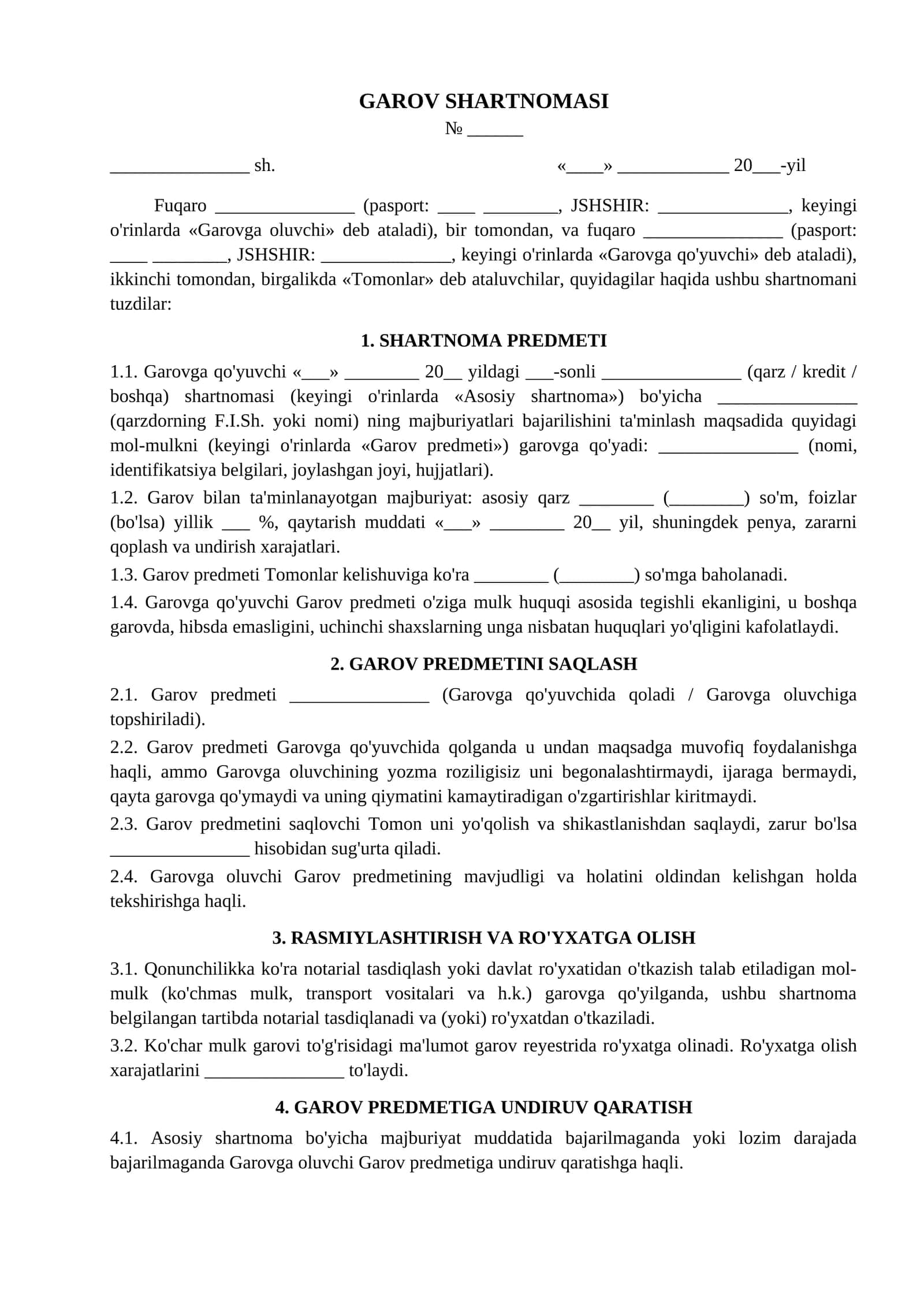 Garov shartnomasi mol mulk garovi umumiy namunasi
