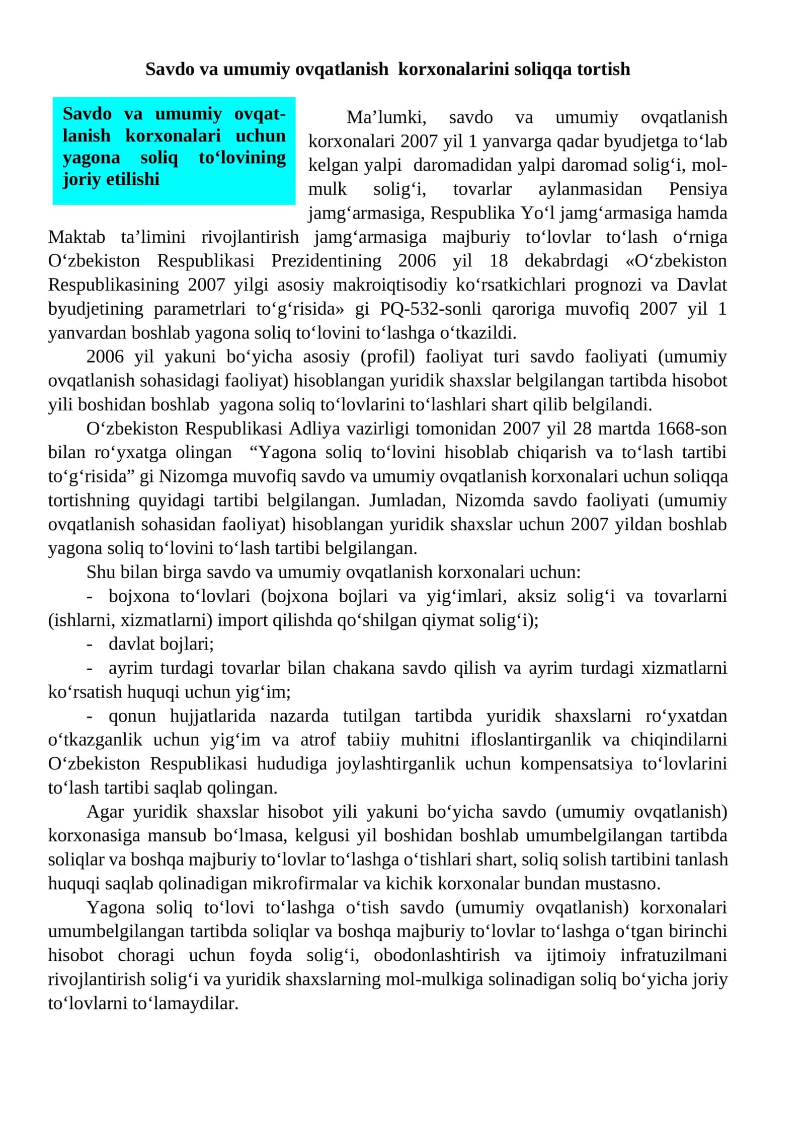 Savdo va umumiy ovqatlanish korxonalarini soliqqa tortish
