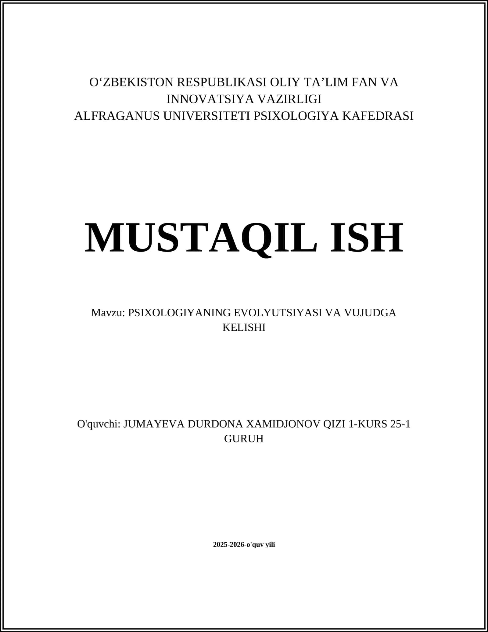 PSIXOLOGIYANING EVOLYUTSIYASI VA VUJUDGA KELISHI