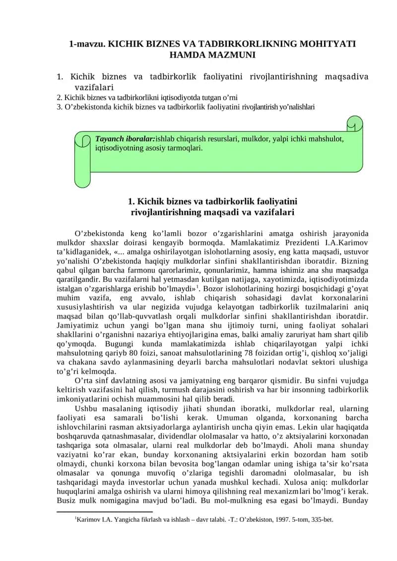 Kichik biznes va tadbirkorlikning mohiyati