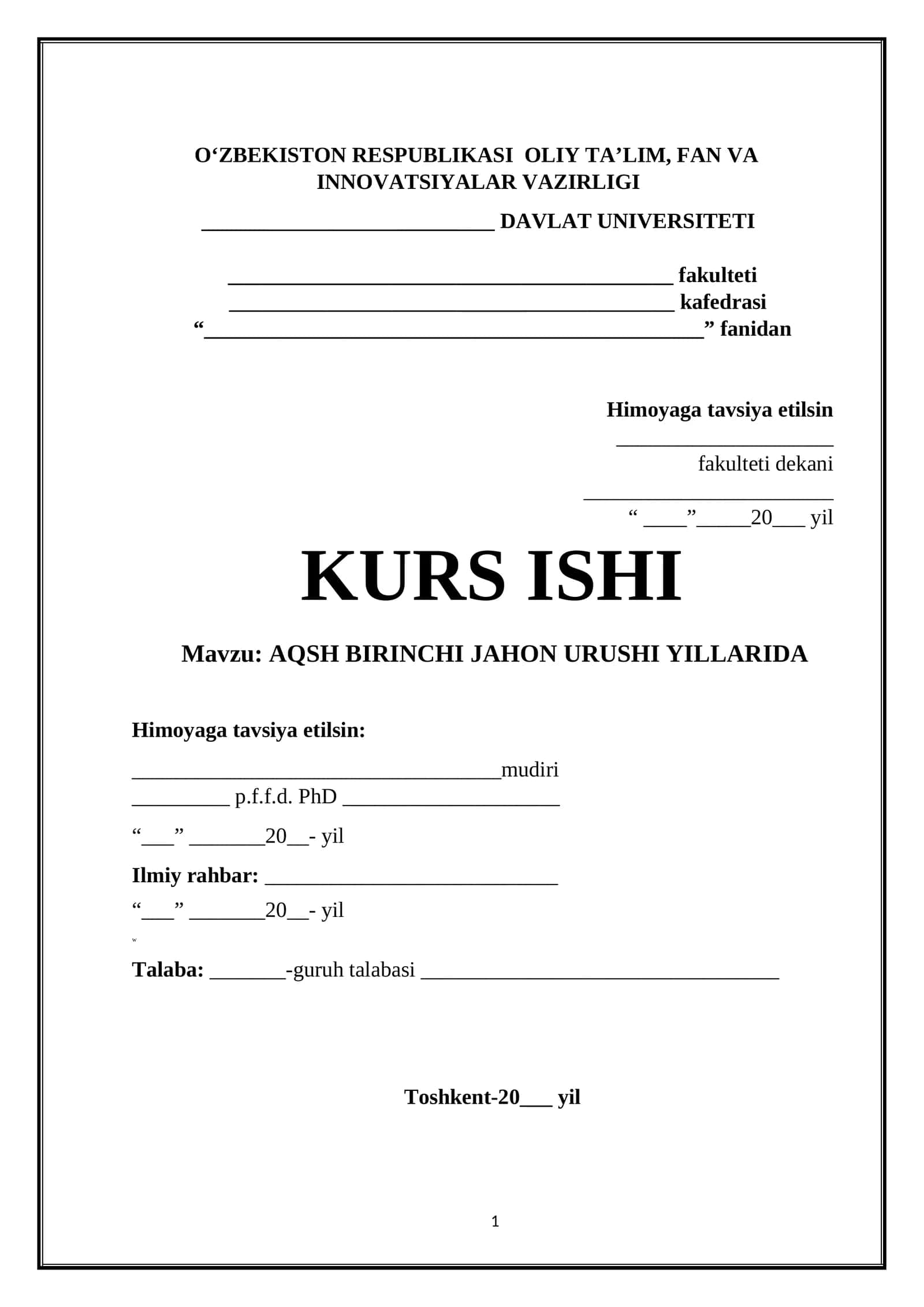 AQSH BIRINCHI JAHON URUSHI YILLARIDA