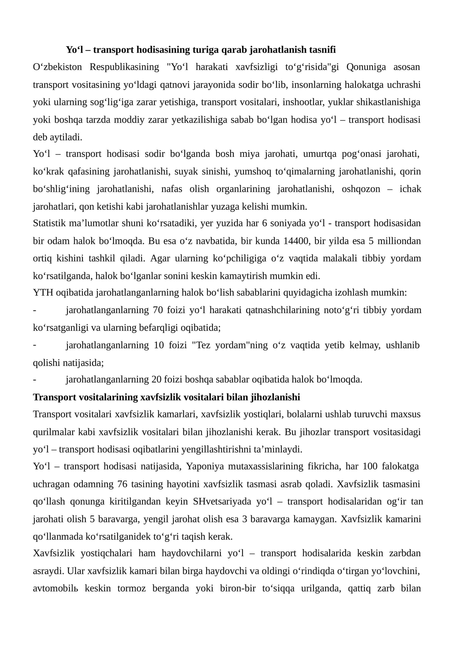 Yo‘l–transporthodisasining turiga qarab jarohatlanish tasnifi