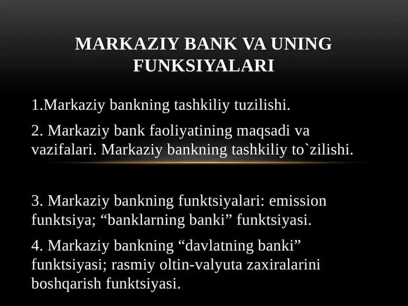 MARKAZIY BANK VA UNING FUNKSIYALARI