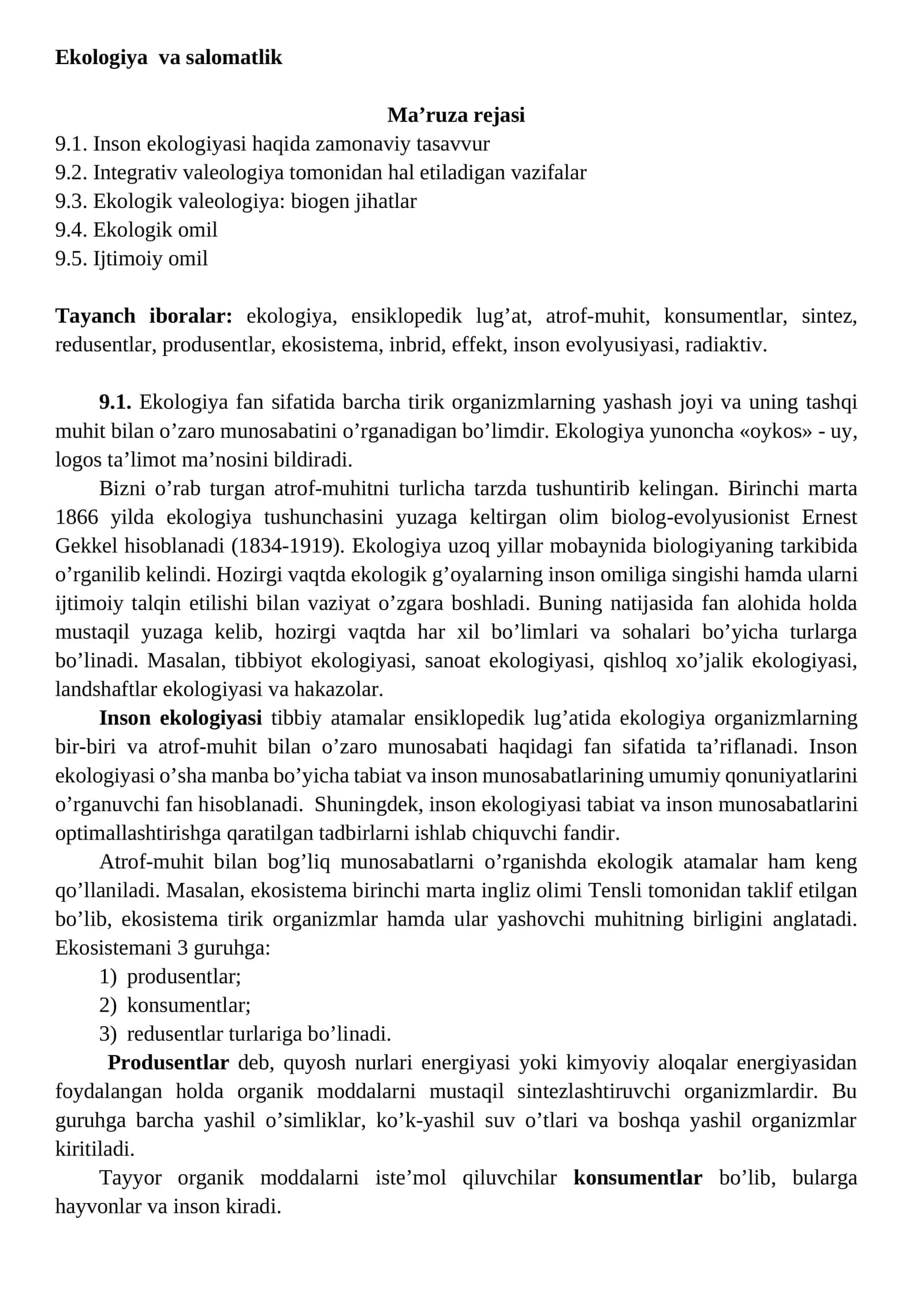 Ekologiya vа sаlomаtlik