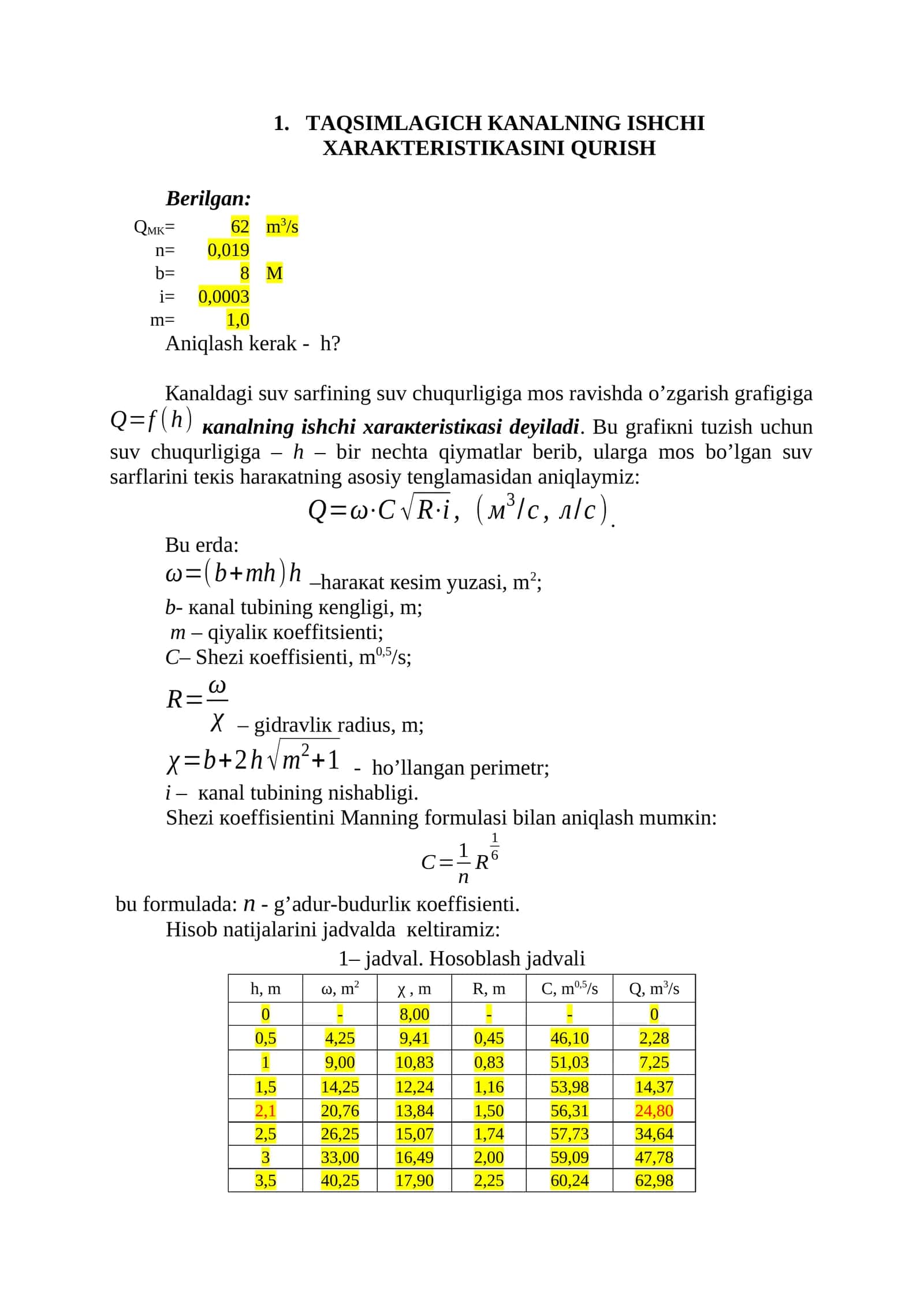 Gidravlikadan kurs ishi 1-masala