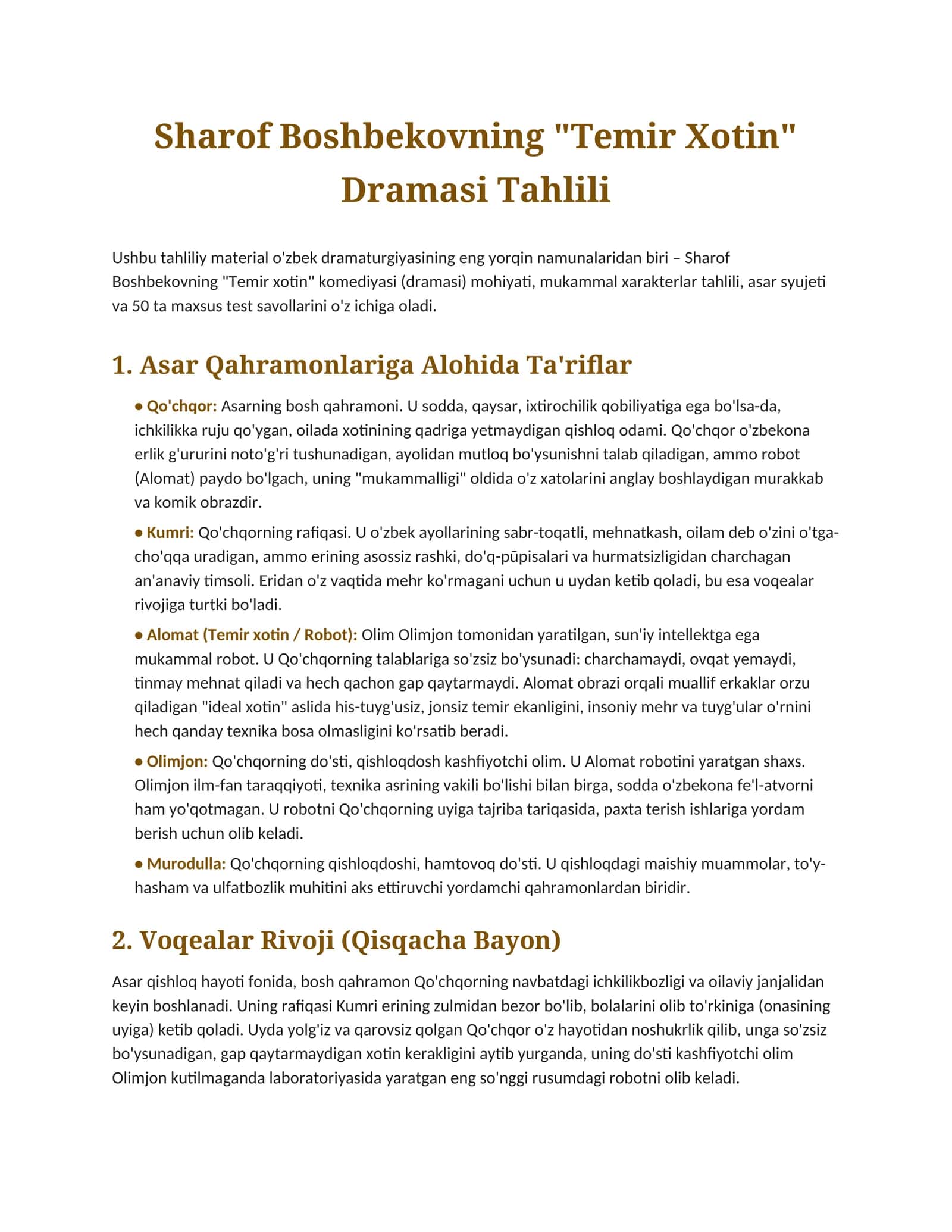 Sharof Boshbekov "Temir Xotin" Dramasi Tahlili