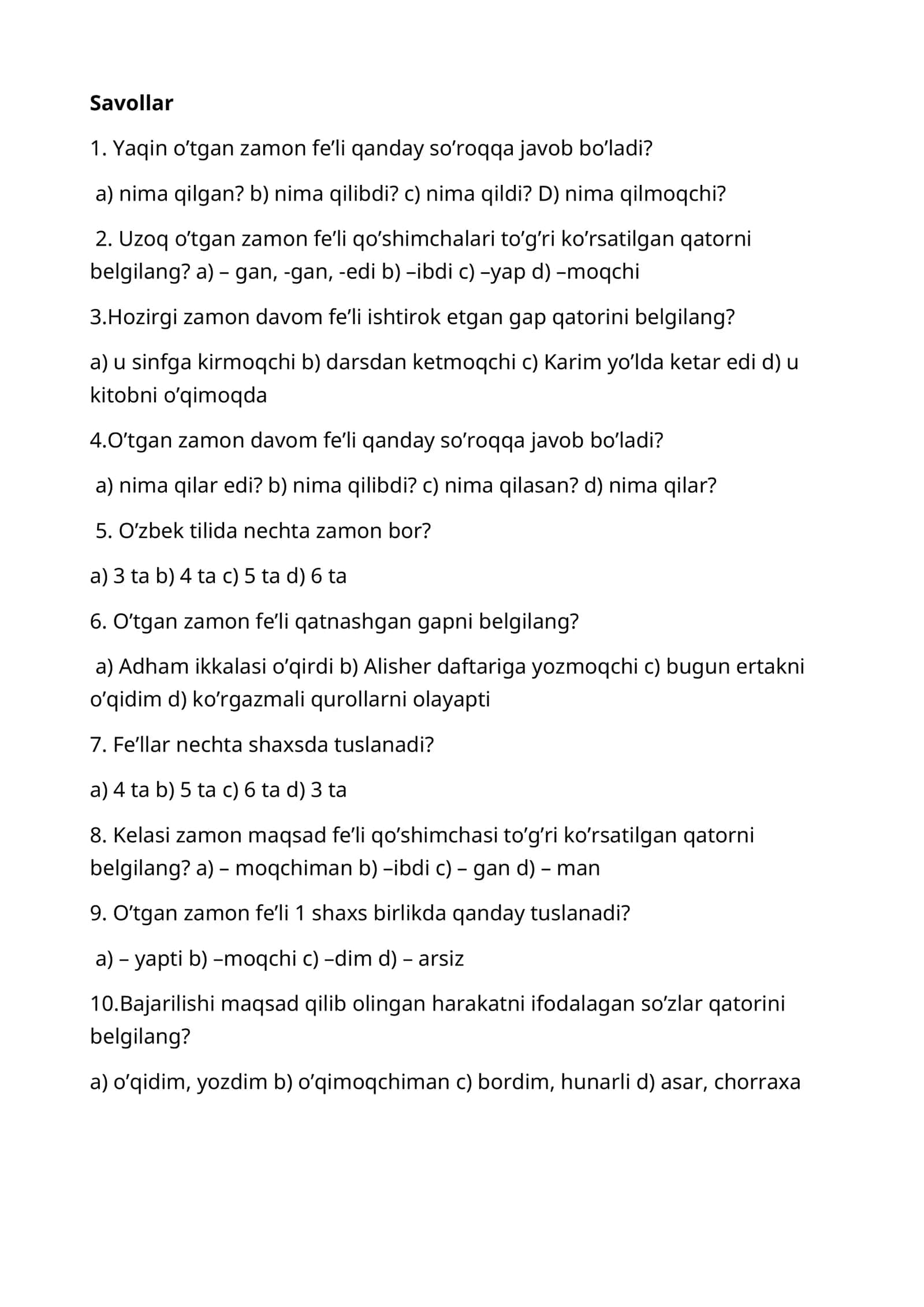 Ona tili fanidan Savollar