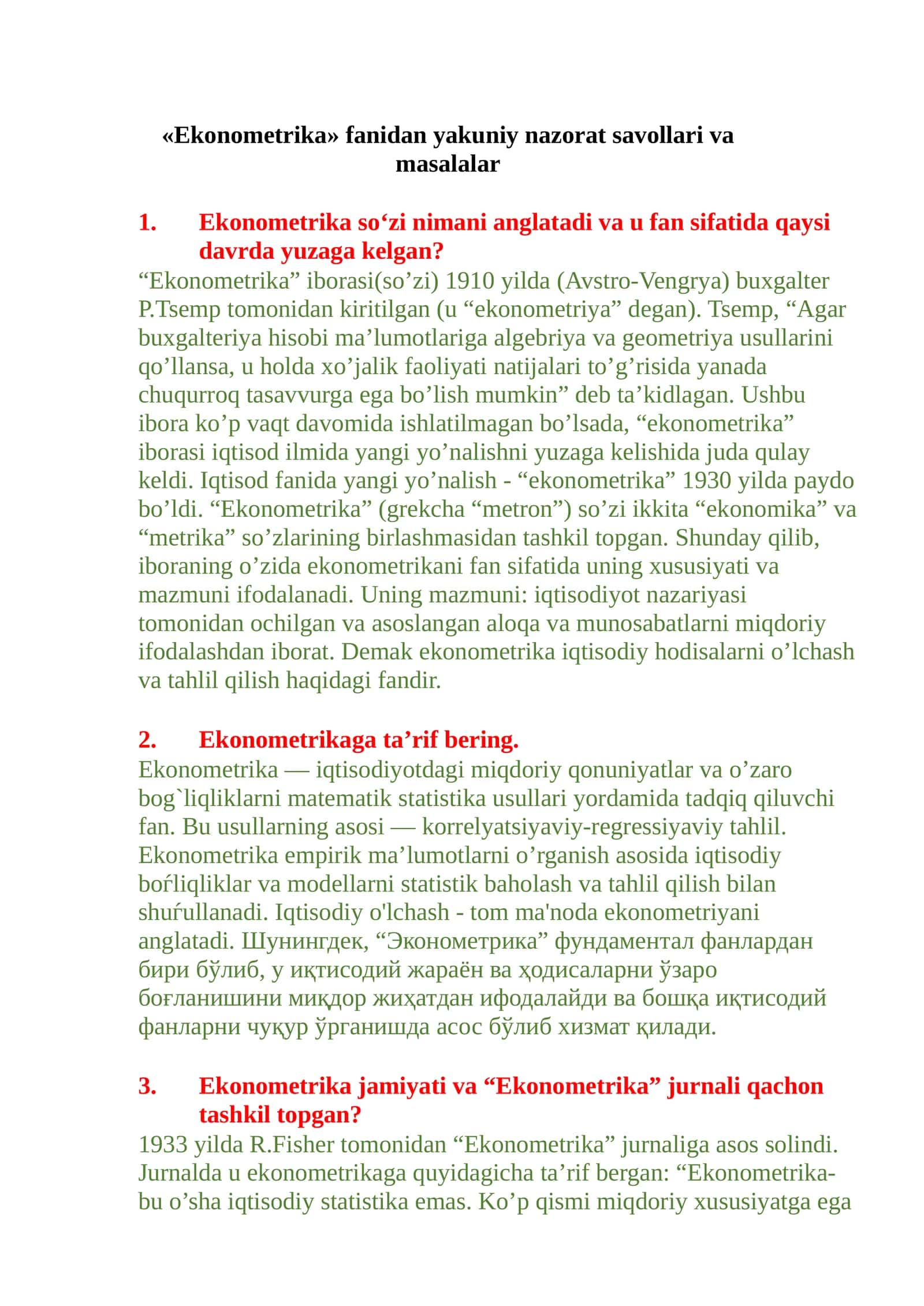 Ekonometrika Yakuniy nazorat