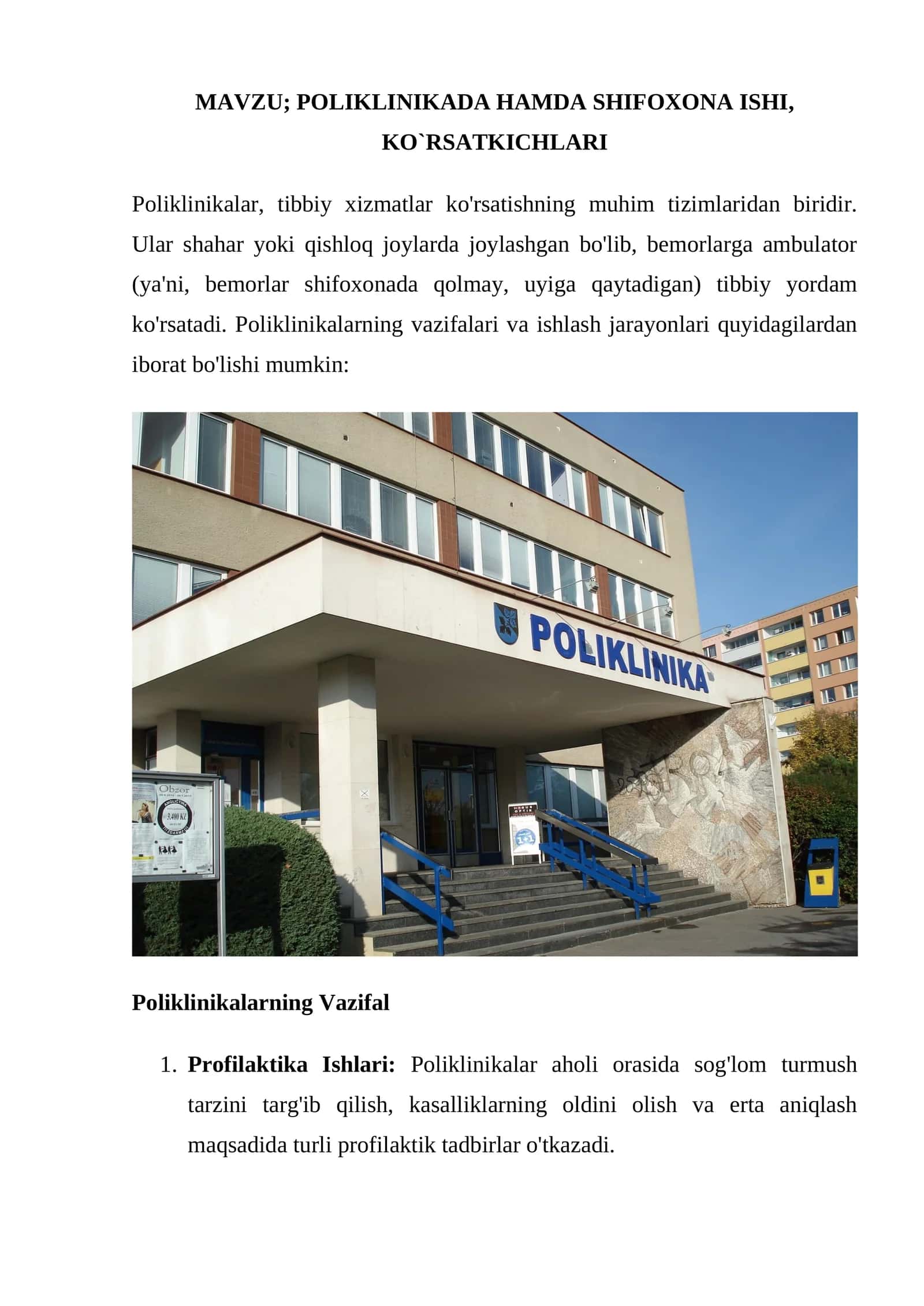 POLIKLINIKADA HAMDA SHIFOXONA ISHI, KO`RSATKICHLARI