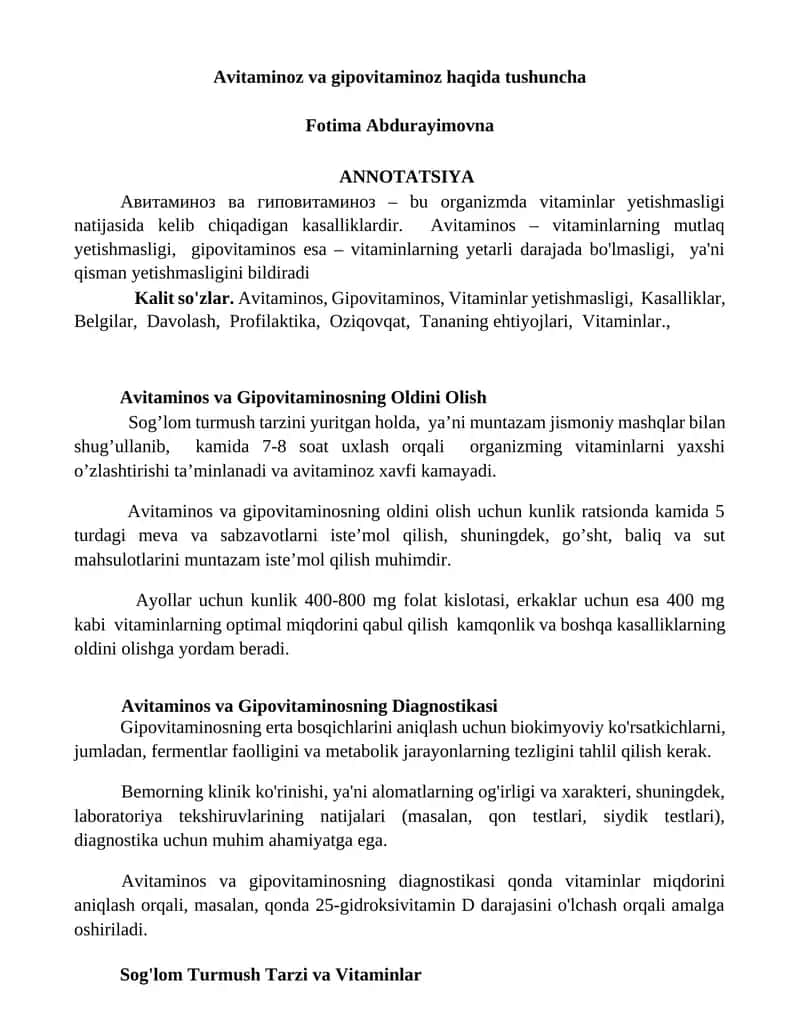 Avitaminos va Gipovitaminos haqida tushuncha