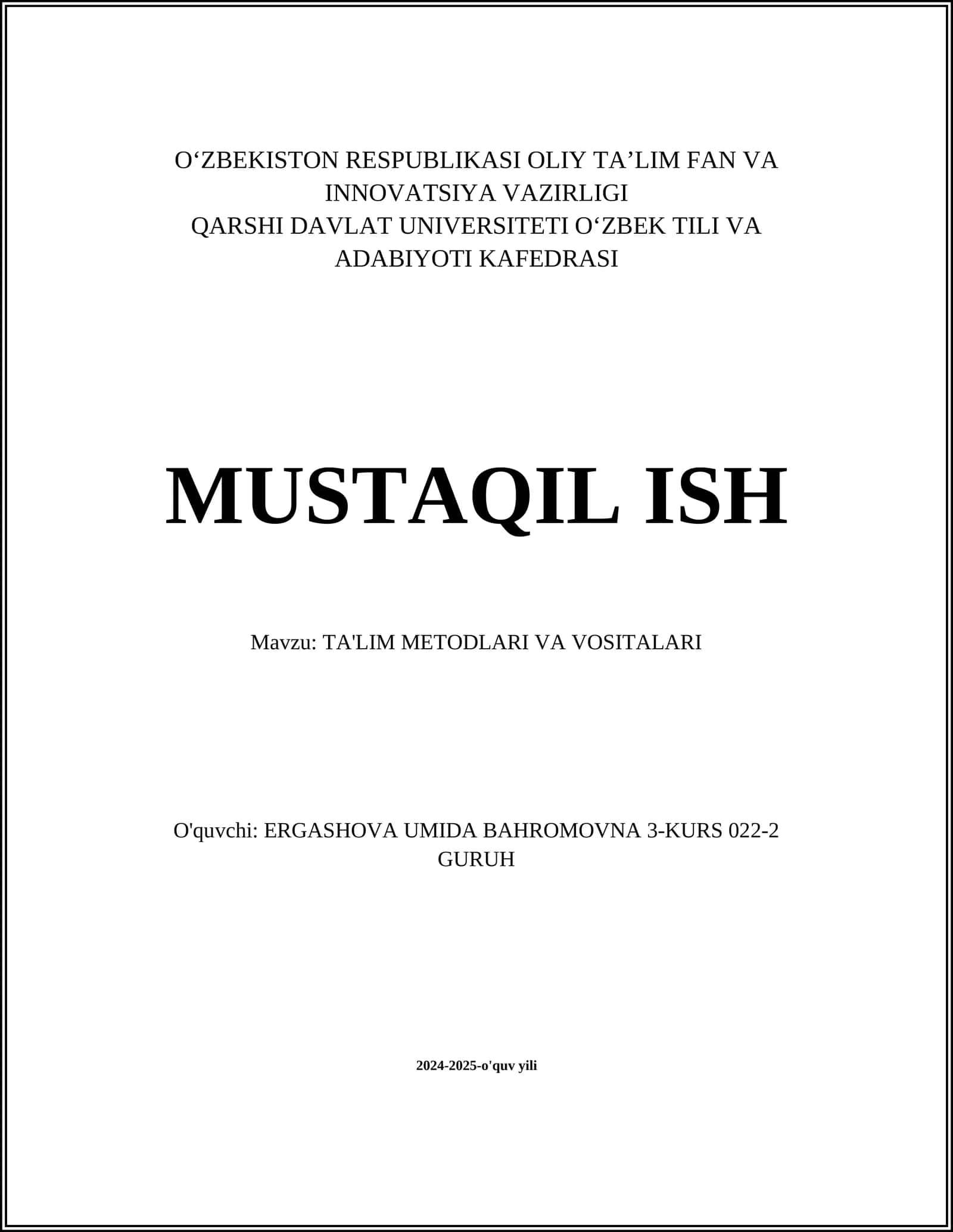 TA'LIM METODLARI VA VOSITALARI