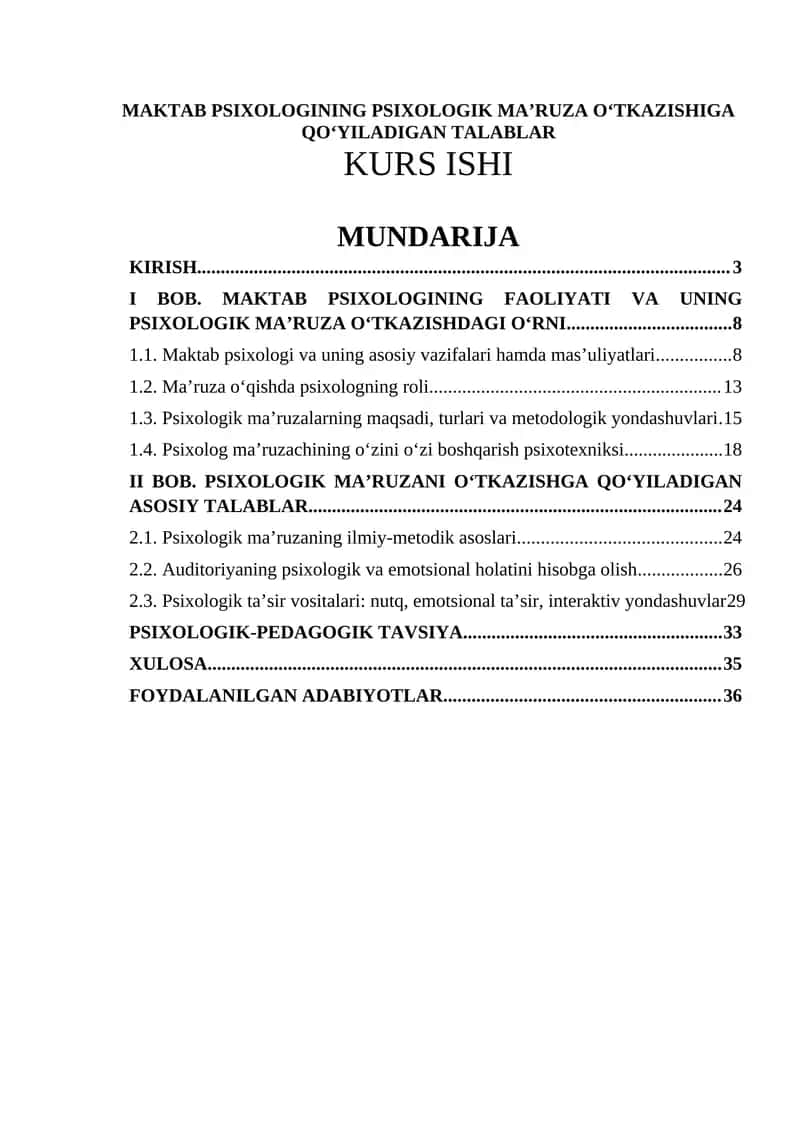 MAKTAB PSIXOLOGINING PSIXOLOGIK MAʼRUZA OʻTKAZISHIGA QOʻYILADIGAN TALABLAR KURS ISHI