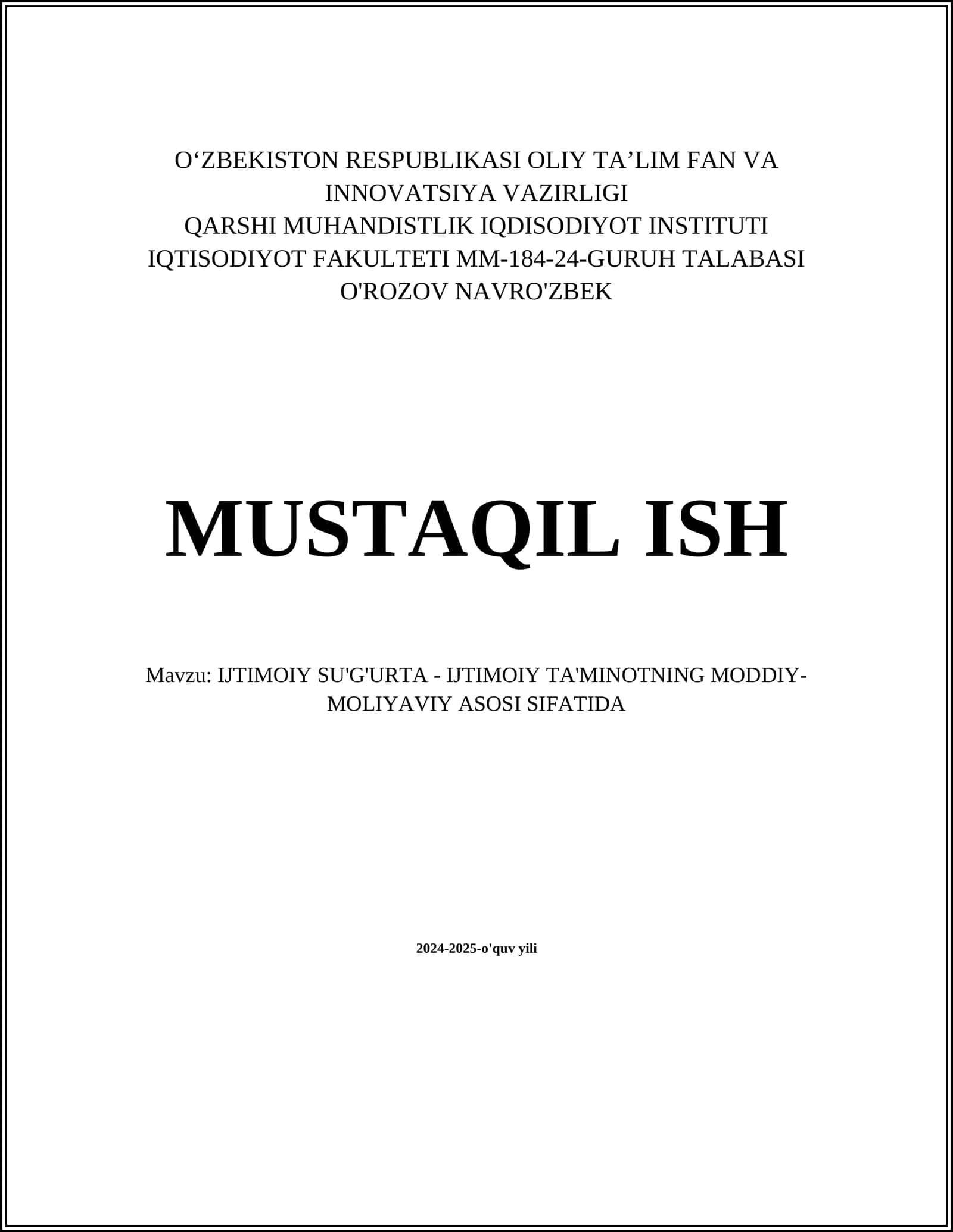 IJTIMOIY SU'G'URTA - IJTIMOIY TA'MINOTNING MODDIY-MOLIYAVIY ASOSI SIFATIDA