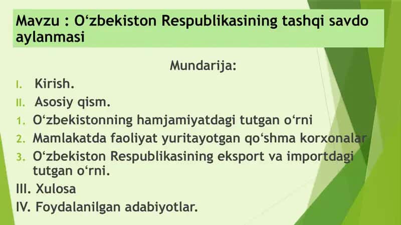 Taqdimot. Oʻzbekiston Respublikasining tashqi savdo aylanmasi.