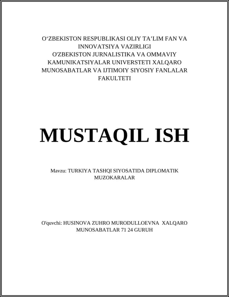 TURKIYA TASHQI SIYOSATIDA DIPLOMATIK MUZOKARALAR