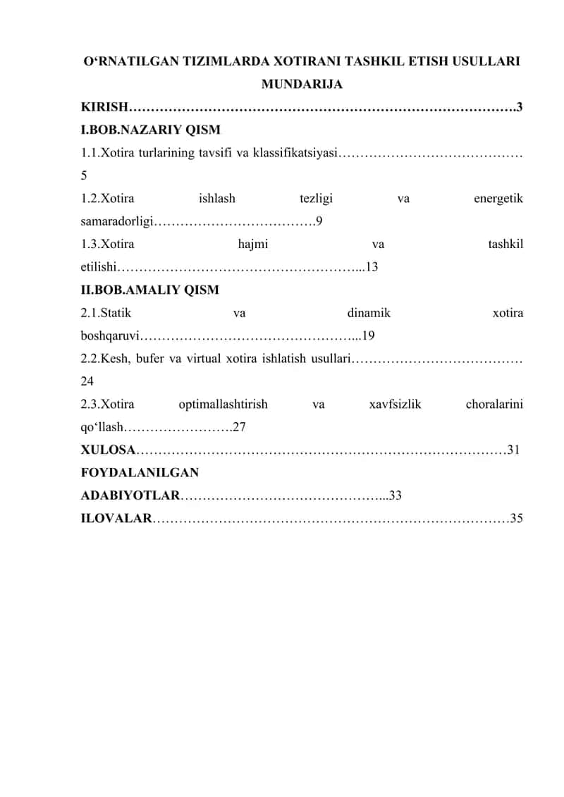 O‘RNATILGAN TIZIMLARDA XOTIRANI TASHKIL ETISH USULLARI