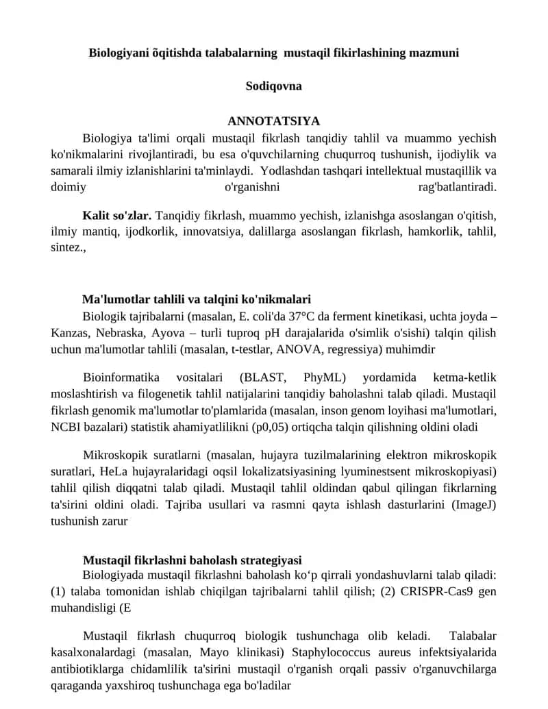 Biologiyani õqitishda talabalarning mustaqil fikirlashining mazmuni