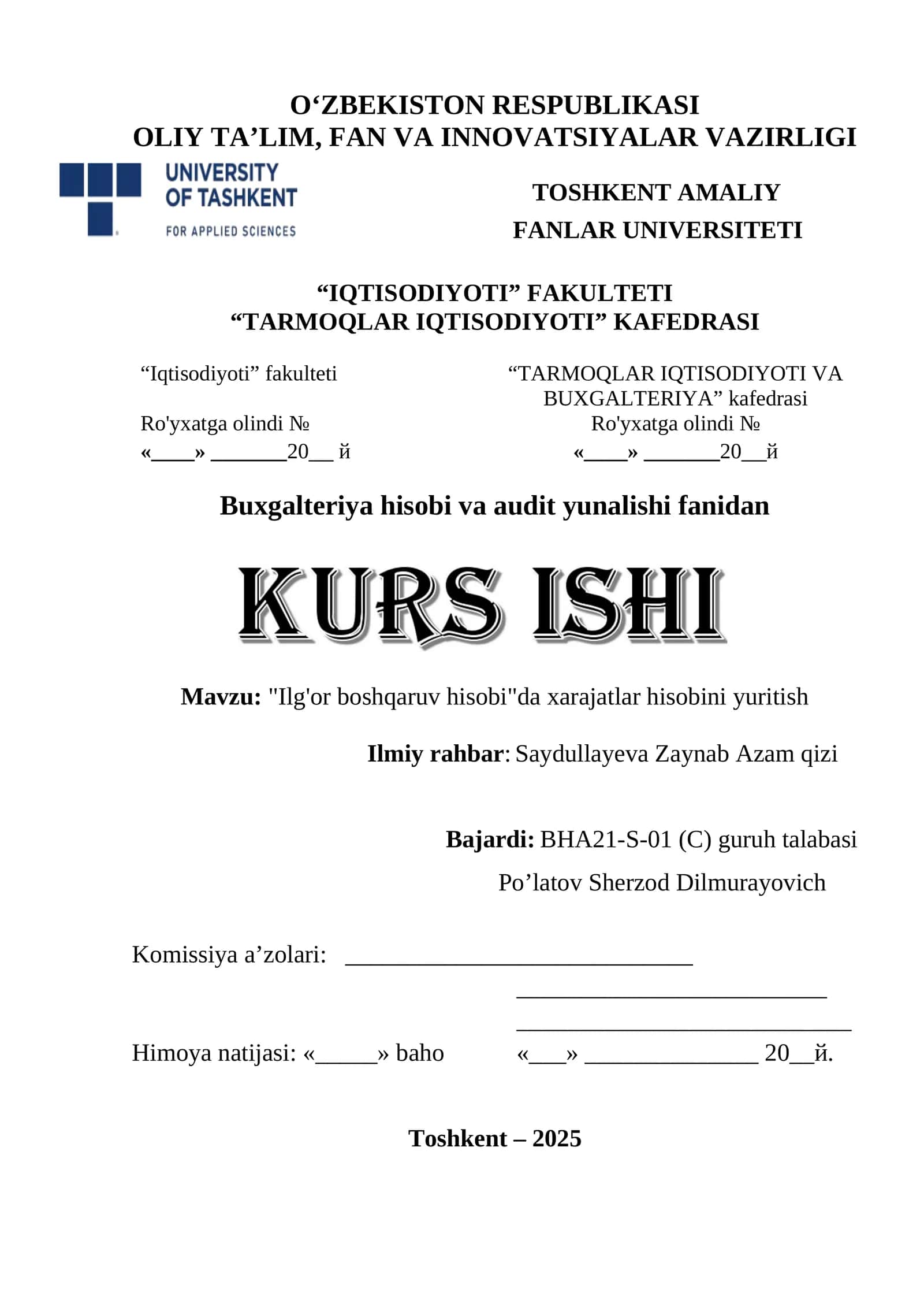 Buxgalteriya hisobi va audit yunalishi fanidan