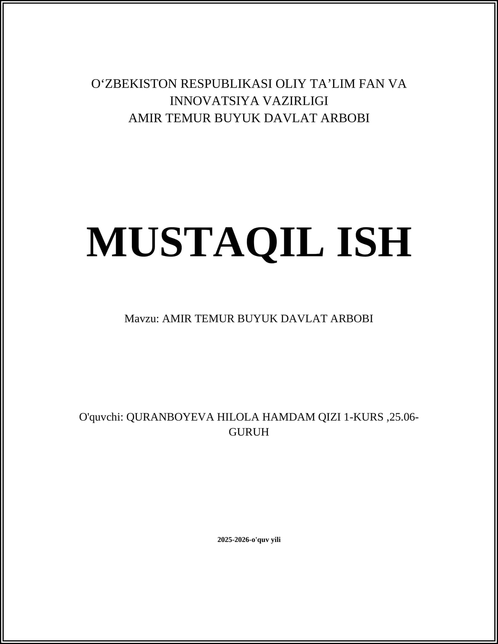 AMIR TEMUR BUYUK DAVLAT ARBOBI