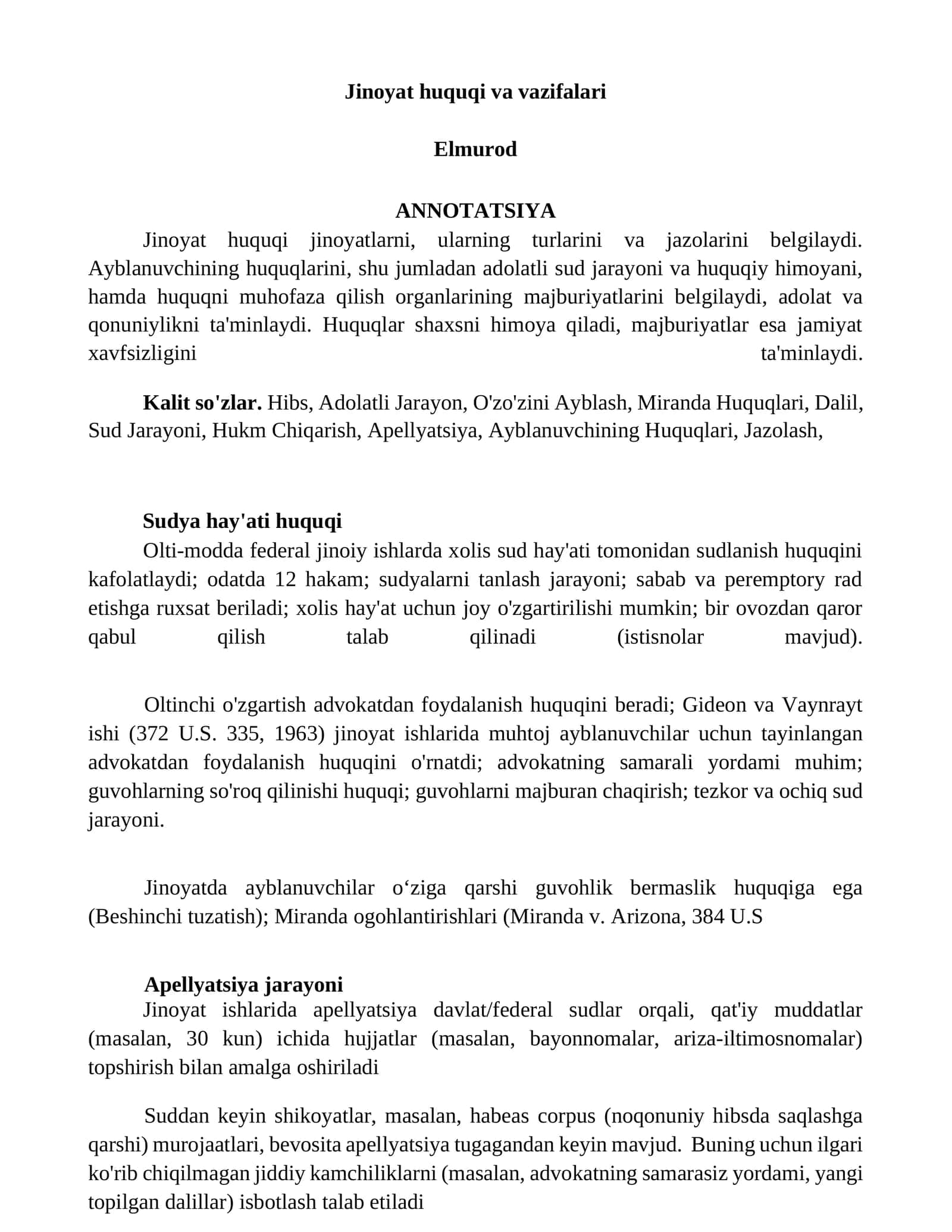 Jinoyat huquqi va vazifalari
