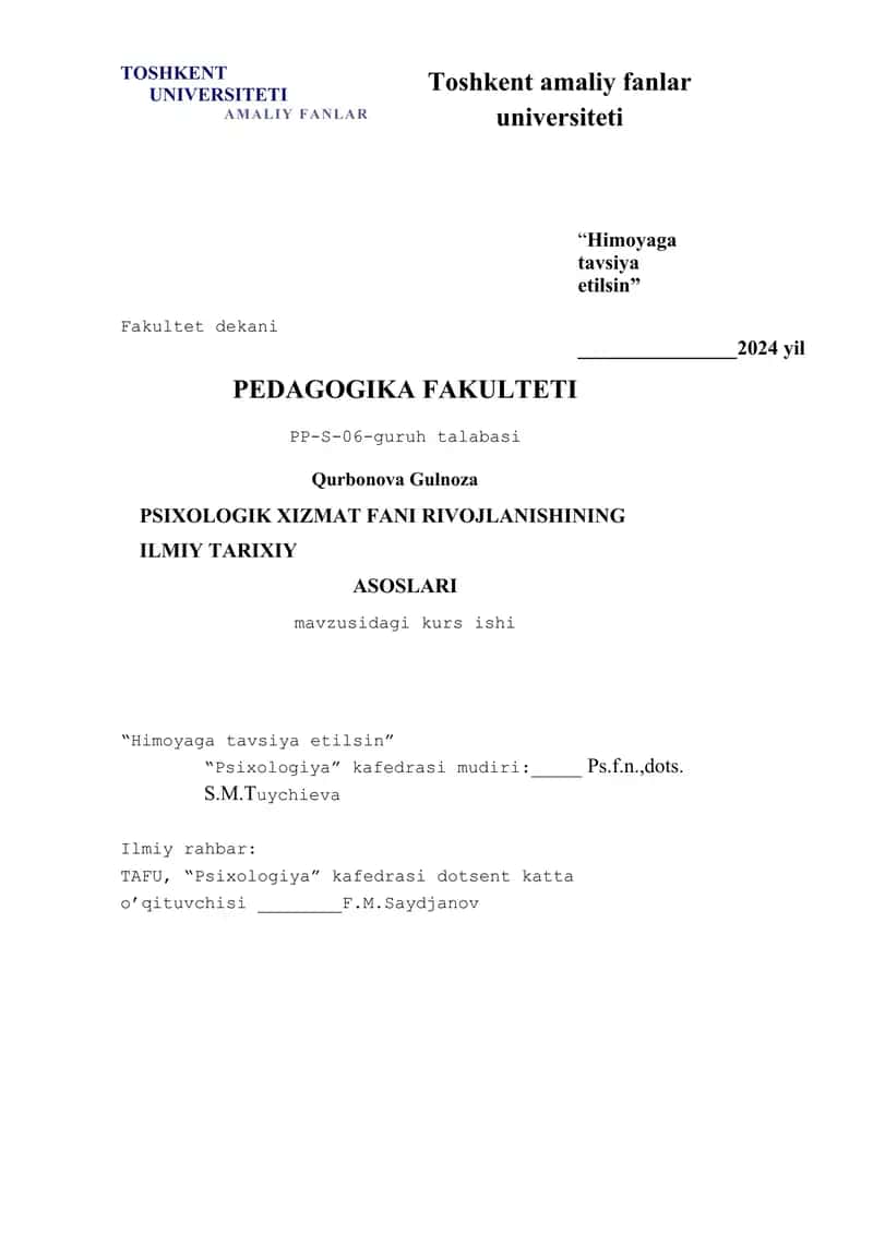 PSIXOLOGIK XIZMAT FANI RIVOJLANISHINING ILMIY TARIXIY ASOSLARI