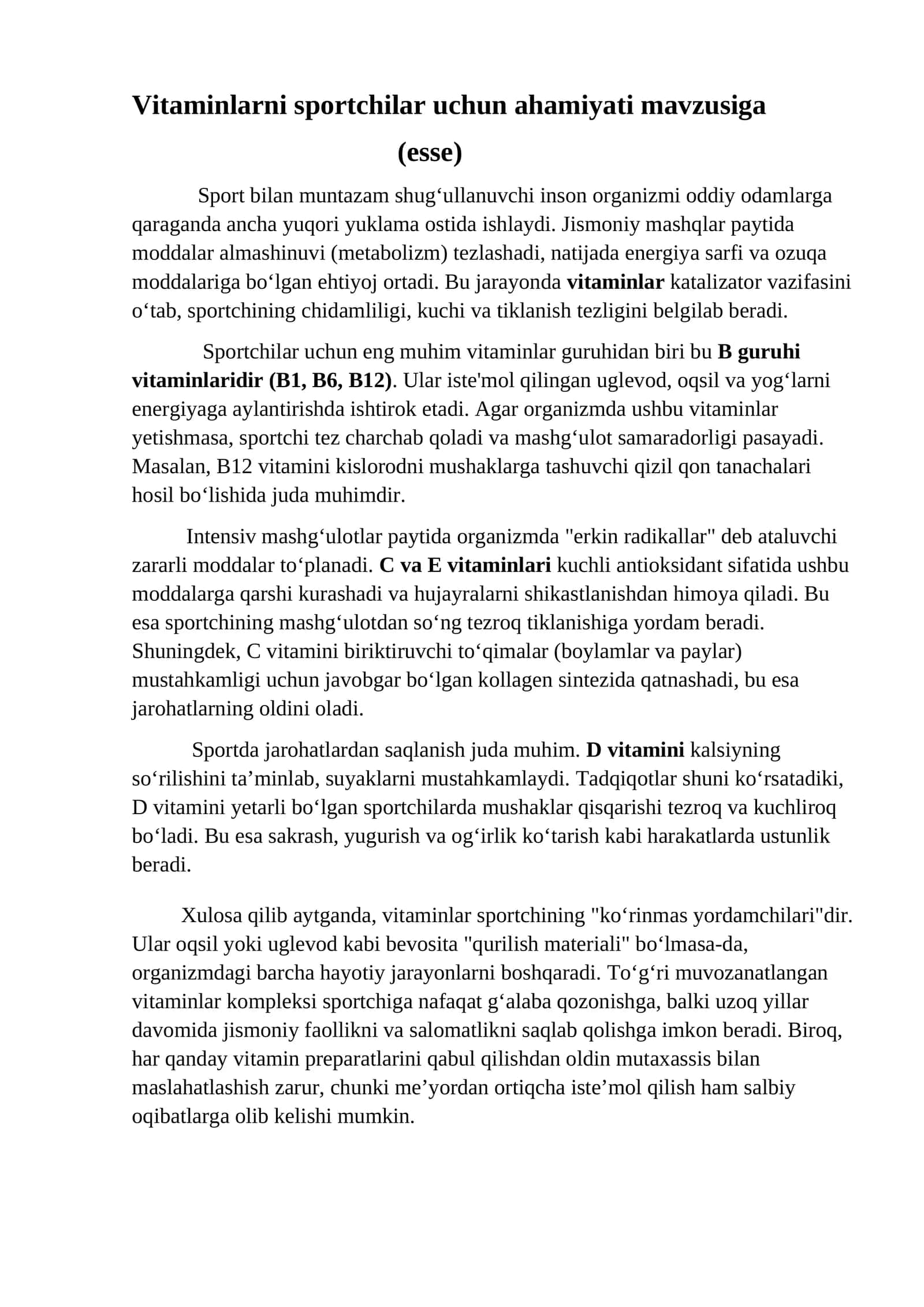 Vitaminlarni sportchilar uchun ahamiyati