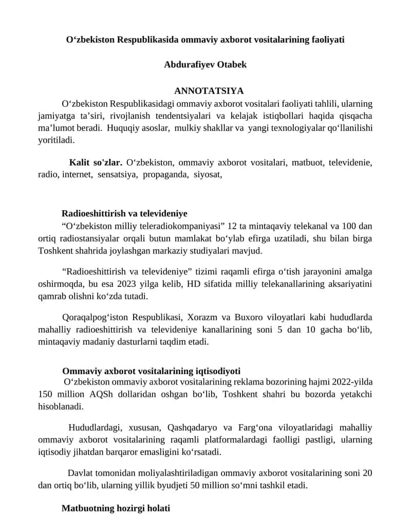 Ommaviy axborot vositalarining faoliyati