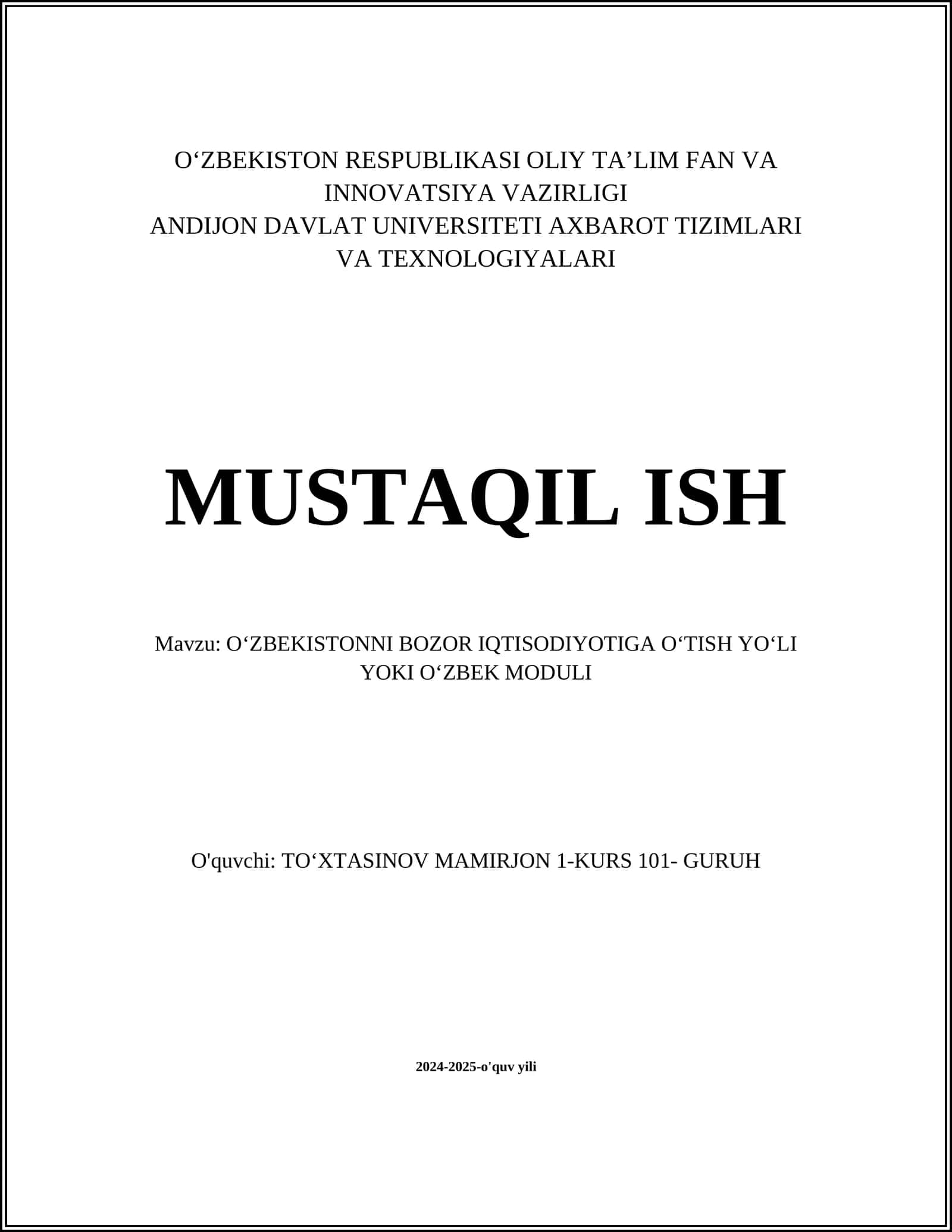 OʻZBEKISTONNI BOZOR IQTISODIYOTIGA OʻTISH YOʻLI YOKI OʻZBEK MODULI