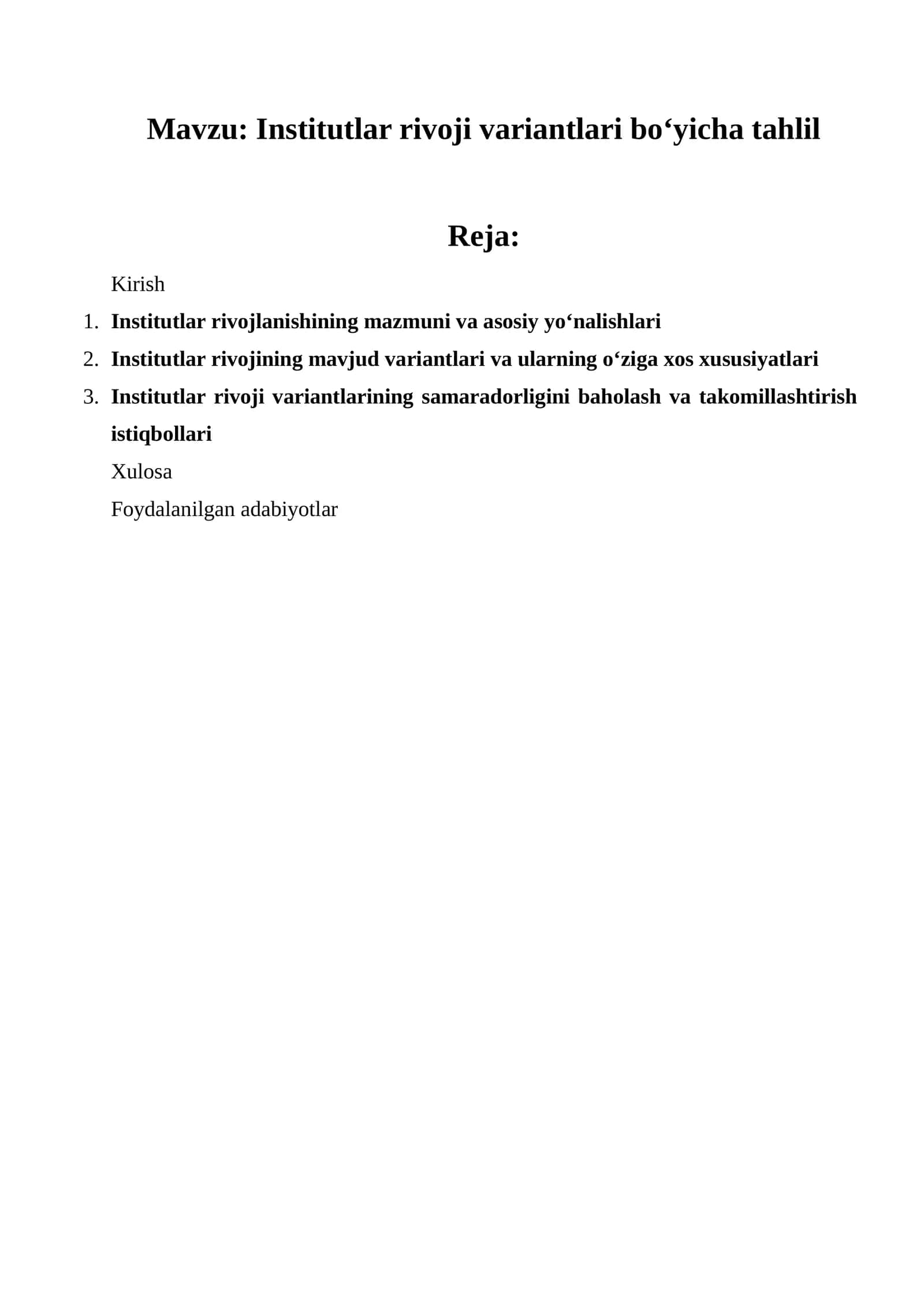Institutlar rivoji variantlari bo‘yicha tahlil